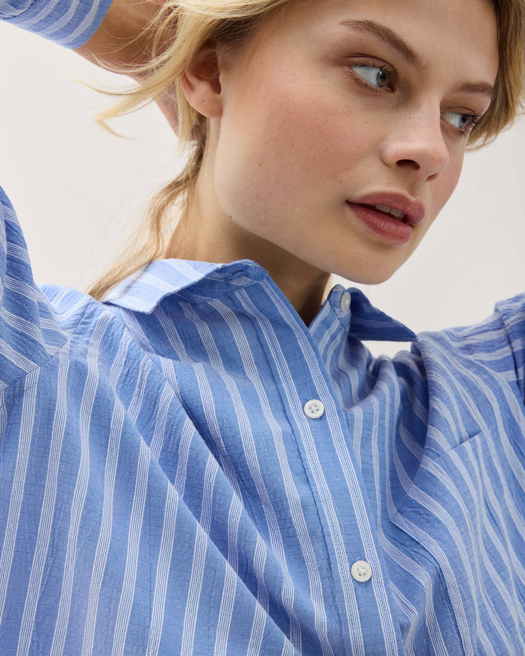 Andie Swim - Womens Palermo Button Up - Poly Seer Sucker Stripe - Oxford Blue Stripe -
