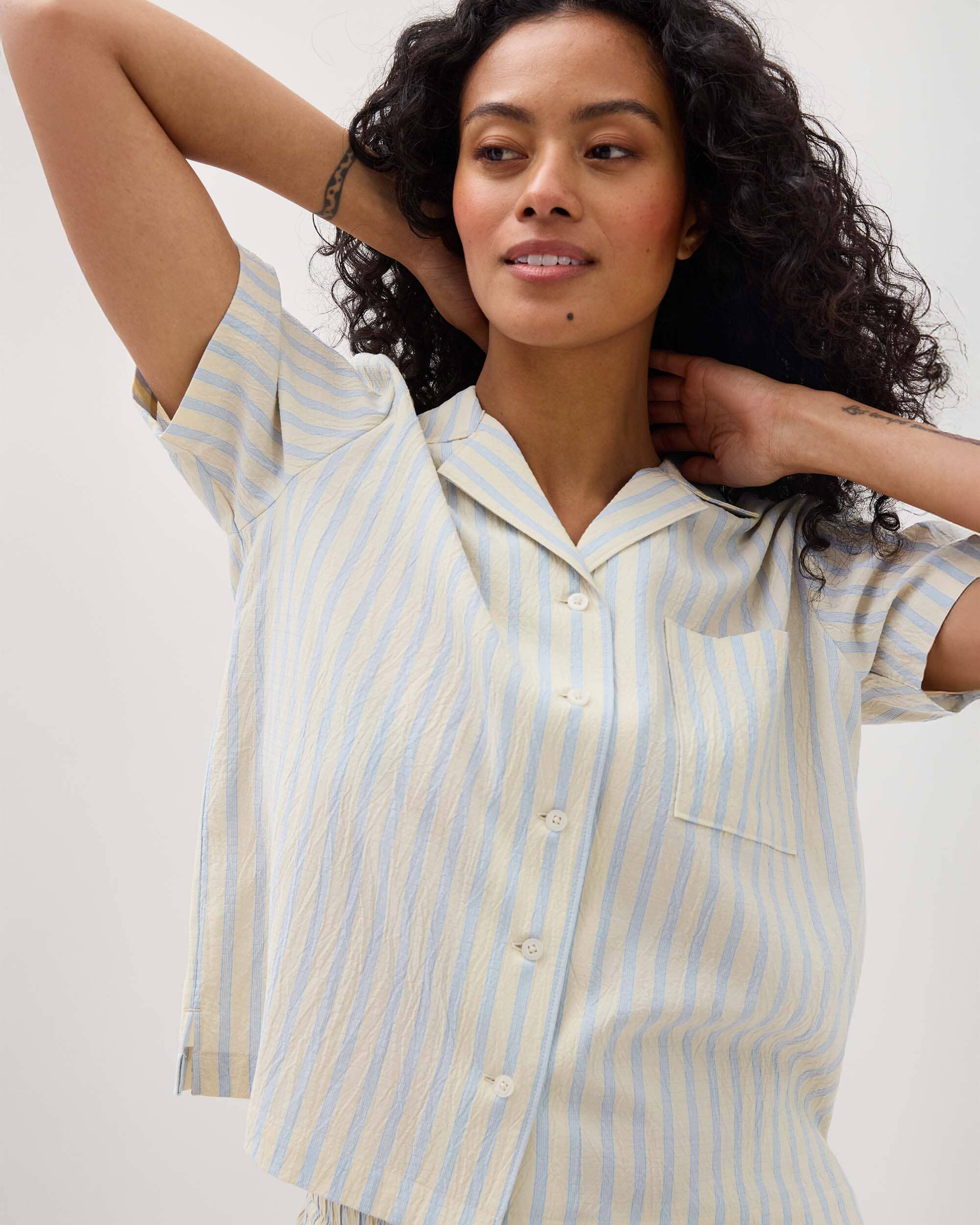 Andie Swim - Womens Palermo Short Sleeve Camp Shirt - Poly Seer Sucker Stripe - Vanilla Blue Stripe - VANILLA BLUE STRIPE