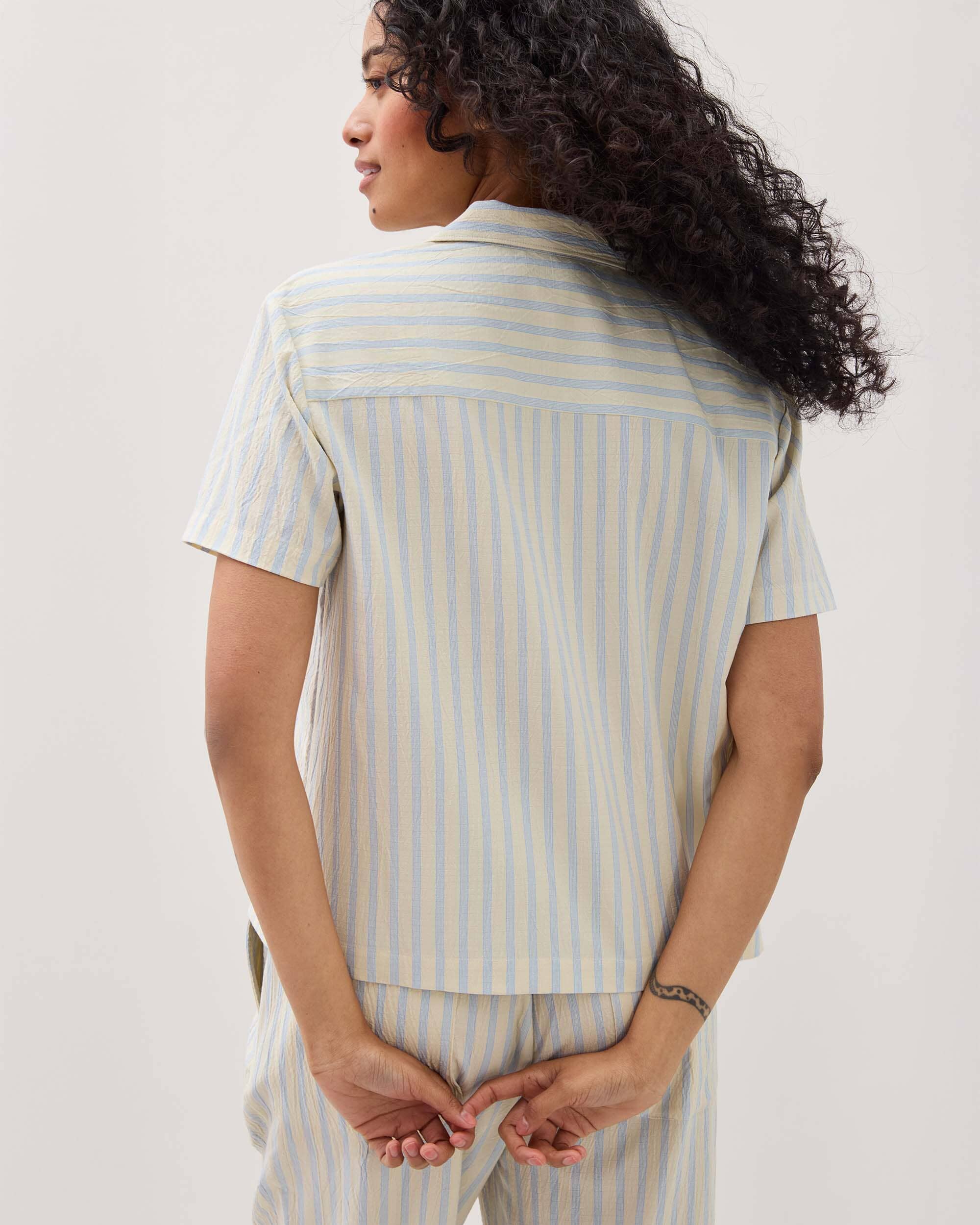 Andie Swim - Womens Palermo Short Sleeve Camp Shirt - Poly Seer Sucker Stripe - Vanilla Blue Stripe -