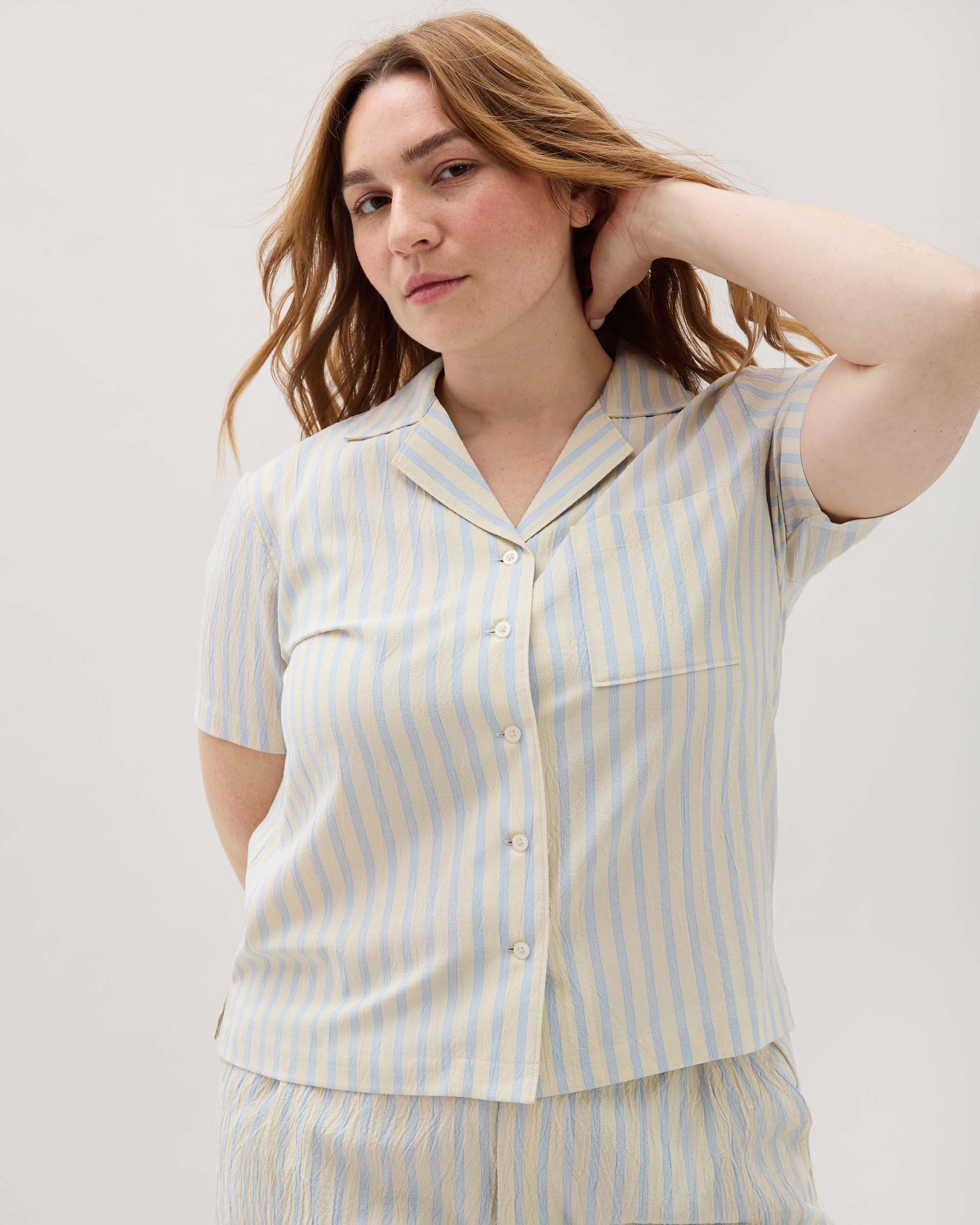 Andie Swim - Womens Palermo Short Sleeve Camp Shirt - Poly Seer Sucker Stripe - Vanilla Blue Stripe -
