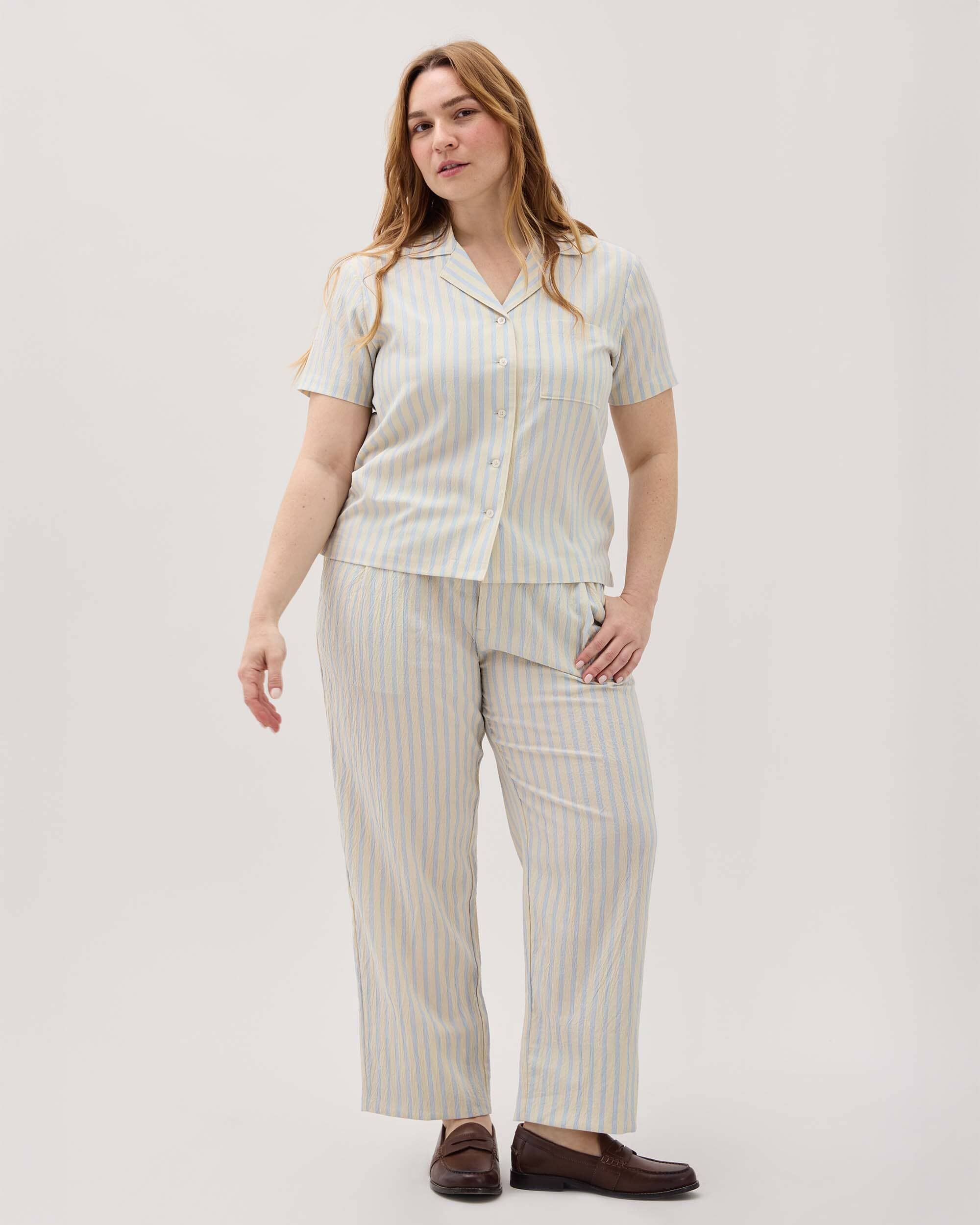Andie Swim - Womens Palermo Short Sleeve Camp Shirt - Poly Seer Sucker Stripe - Vanilla Blue Stripe -