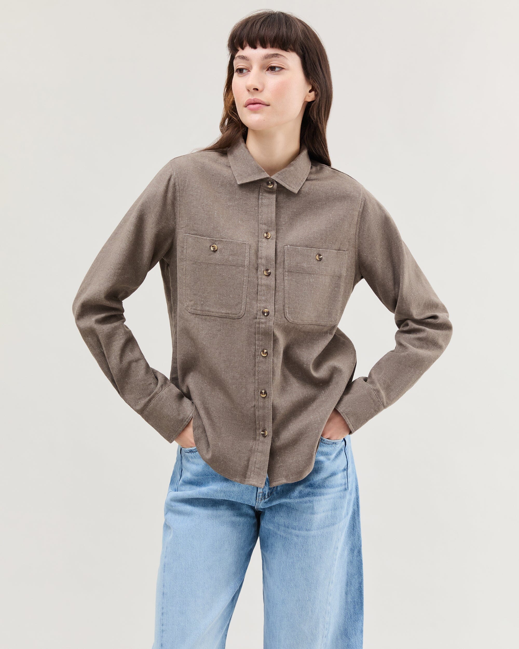 Andie Swim - Womens Roma Work Shirt - Cotton Linen Twill - Porcini - PORCINI