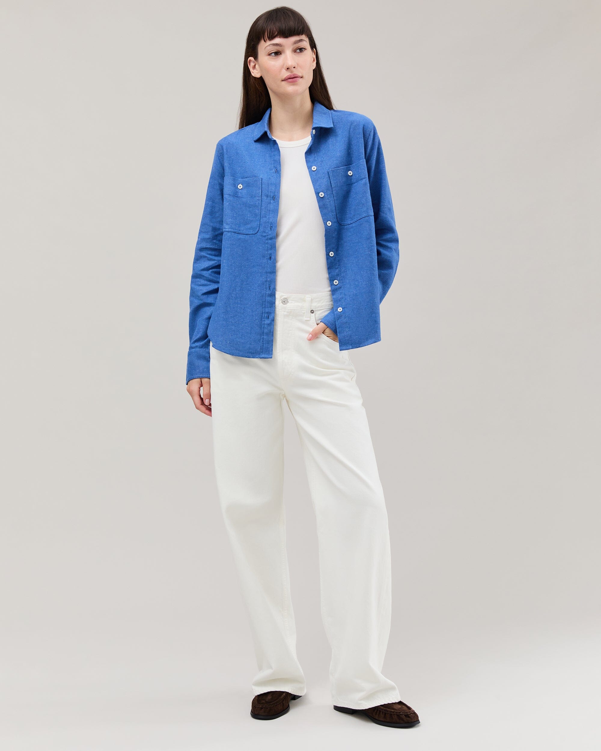 Andie Swim - Womens Roma Work Shirt - Cotton Linen Twill - True Blue -