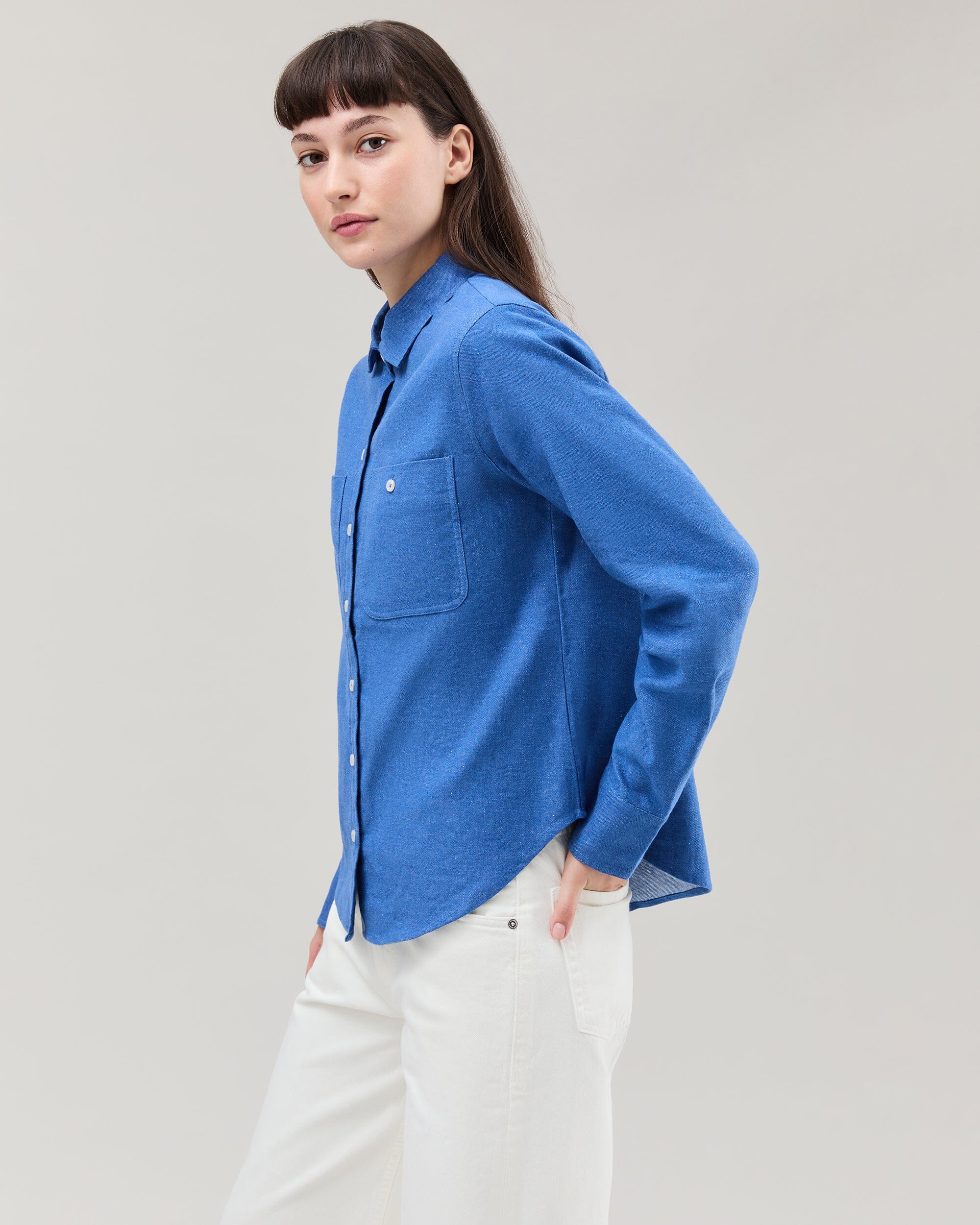 Andie Swim - Womens Roma Work Shirt - Cotton Linen Twill - True Blue -