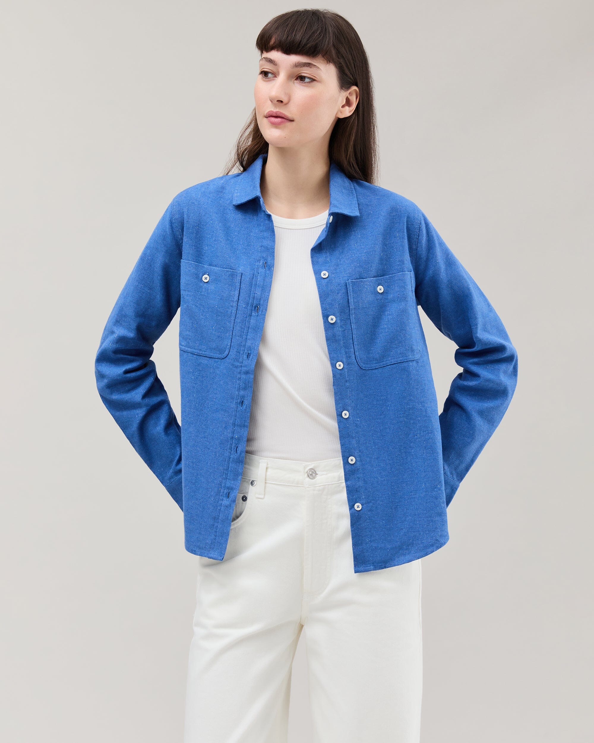 Andie Swim - Womens Roma Work Shirt - Cotton Linen Twill - True Blue -