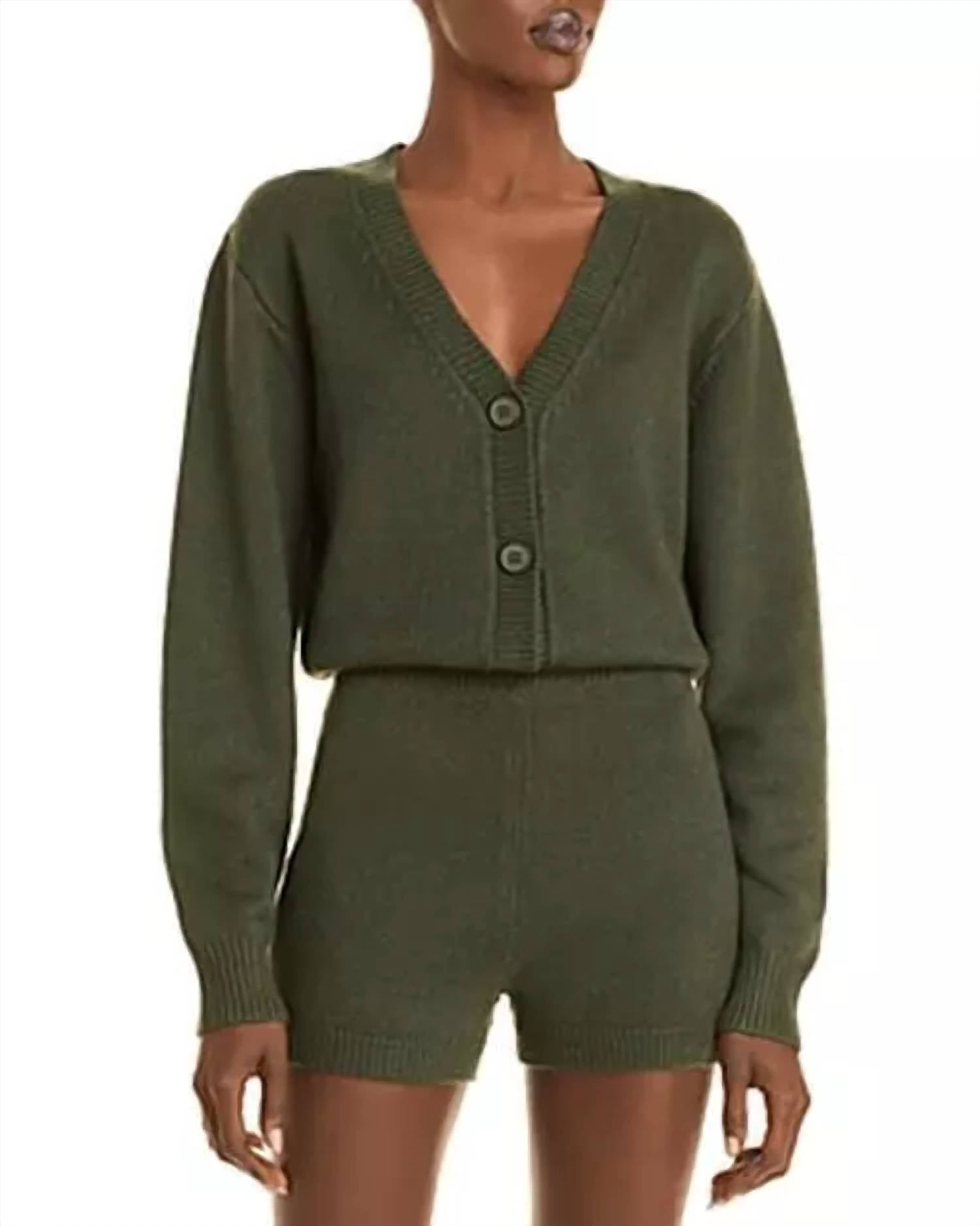 Romper Green Long Sleeve Knit Button Up V-Neck