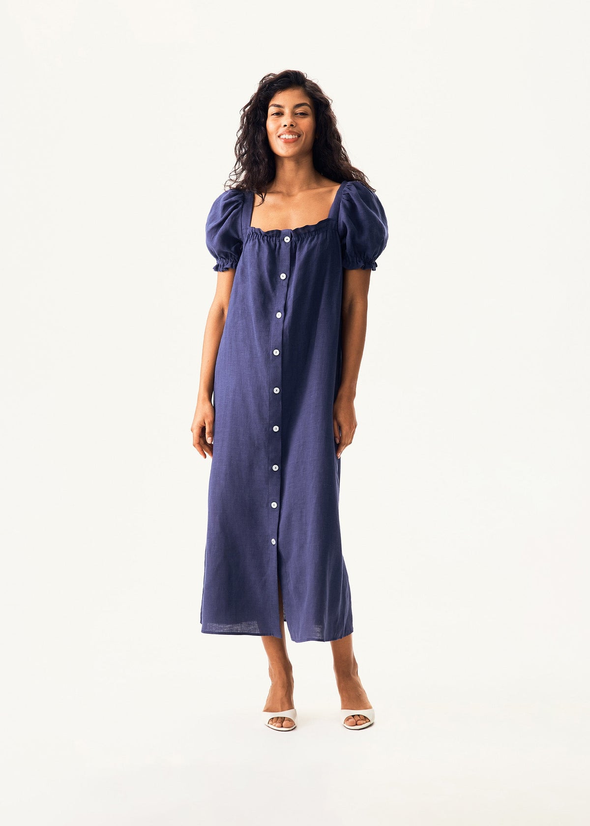 Sleeper - Brigitte Linen Midi Dress - Navy -