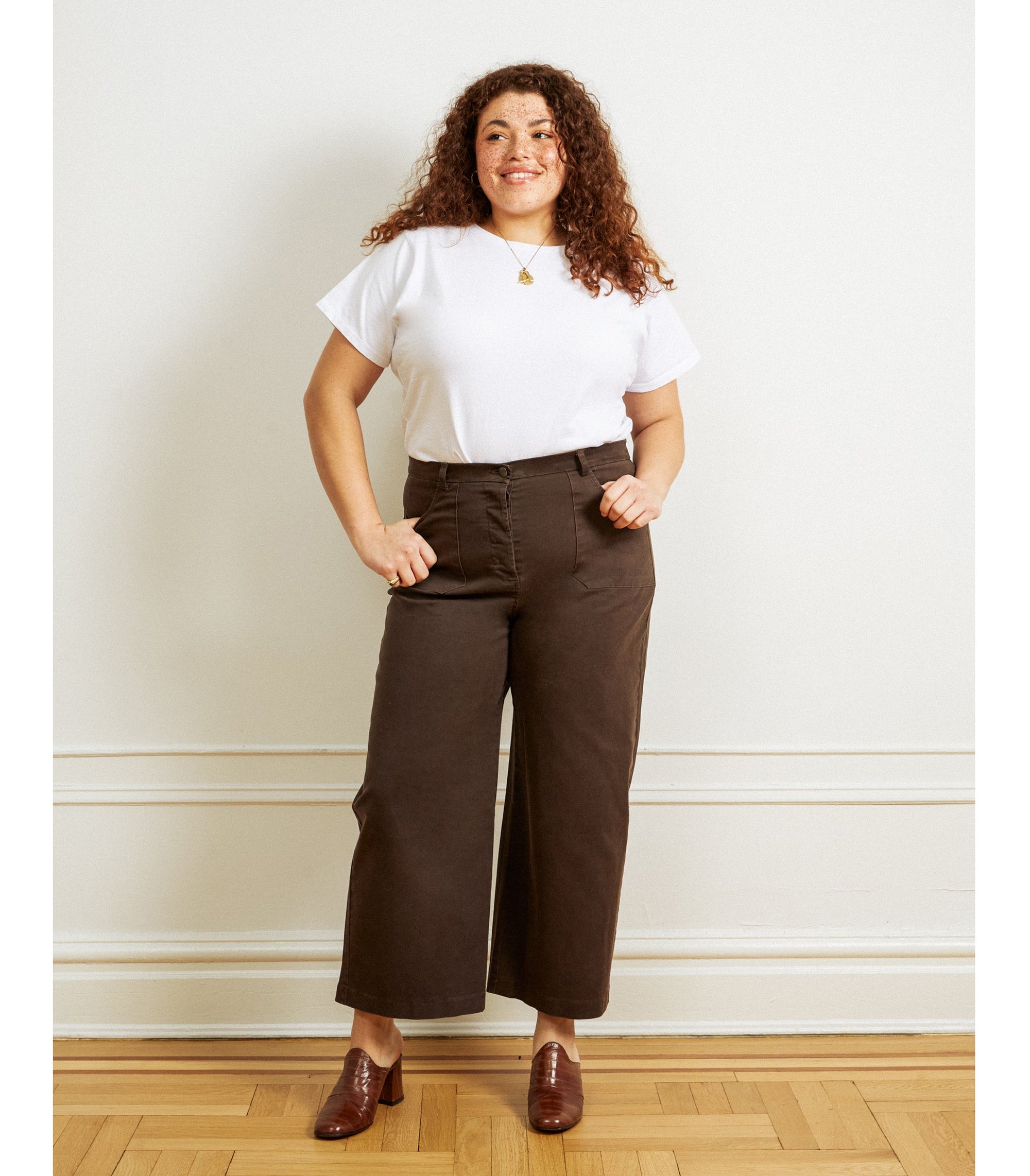 Simone Pants in Brown &amp; Hutton Tee in White | LOUP