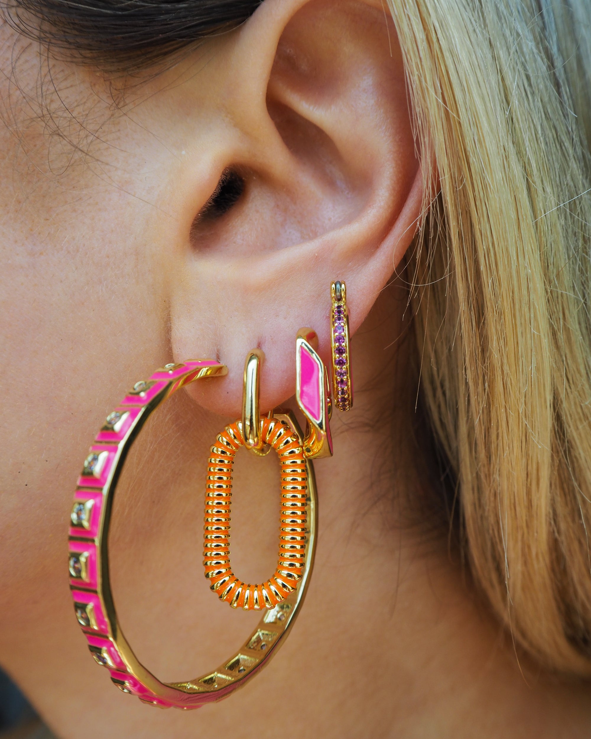 Luv Aj - XL Pyramid Stud Hoops - Hot Pink/Gold -