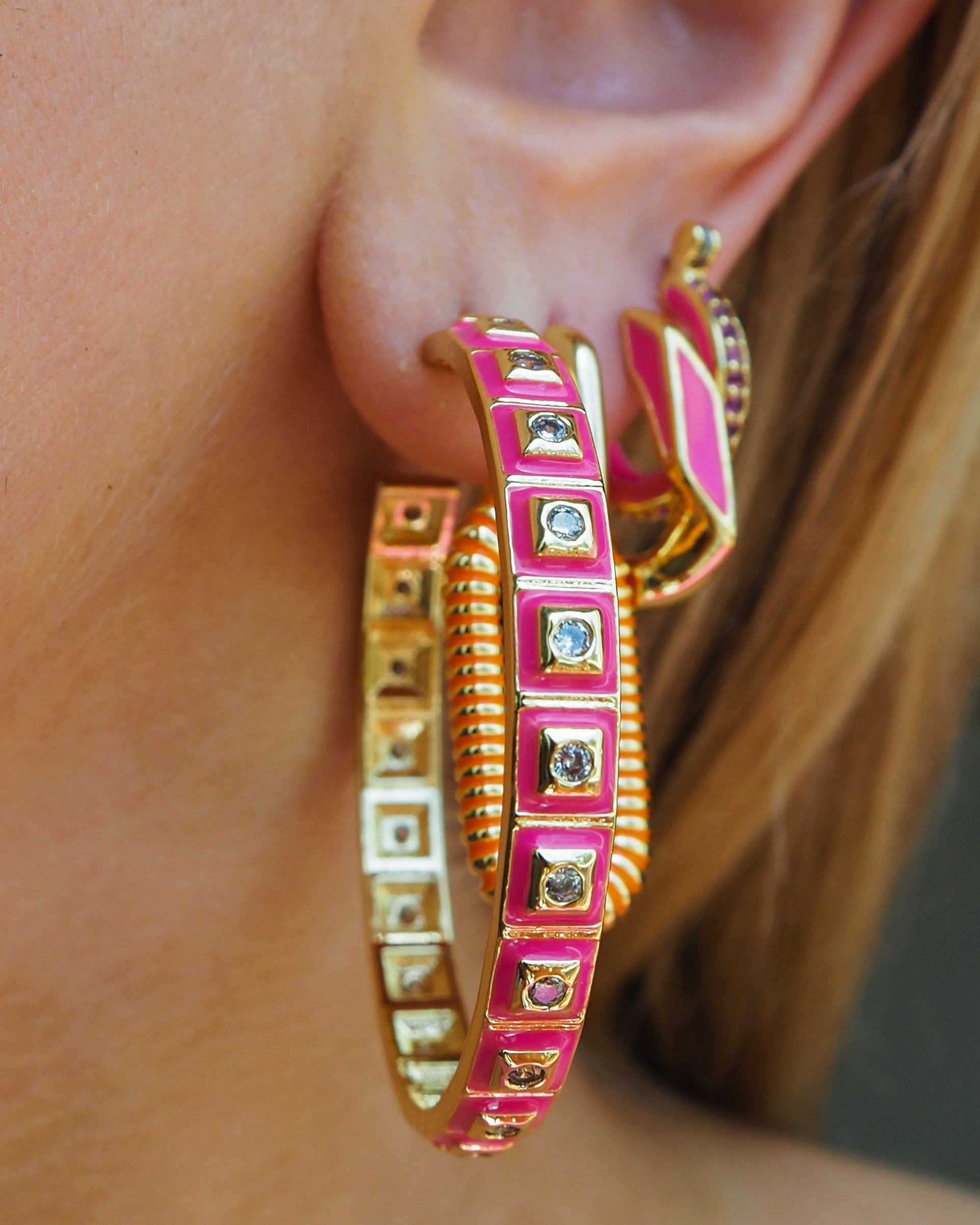 Luv Aj - XL Pyramid Stud Hoops - Hot Pink/Gold -