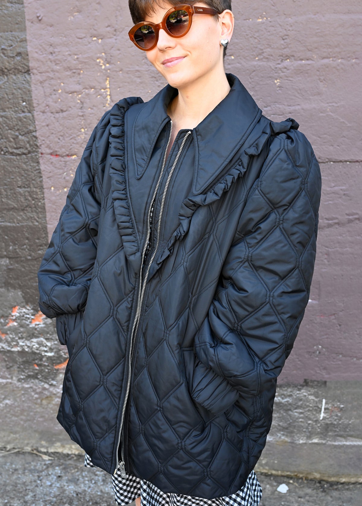 Recycled Ripstop Quilt Frill Coat - Black