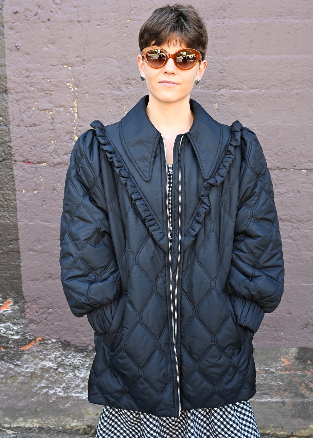 Recycled Ripstop Quilt Frill Coat - Black