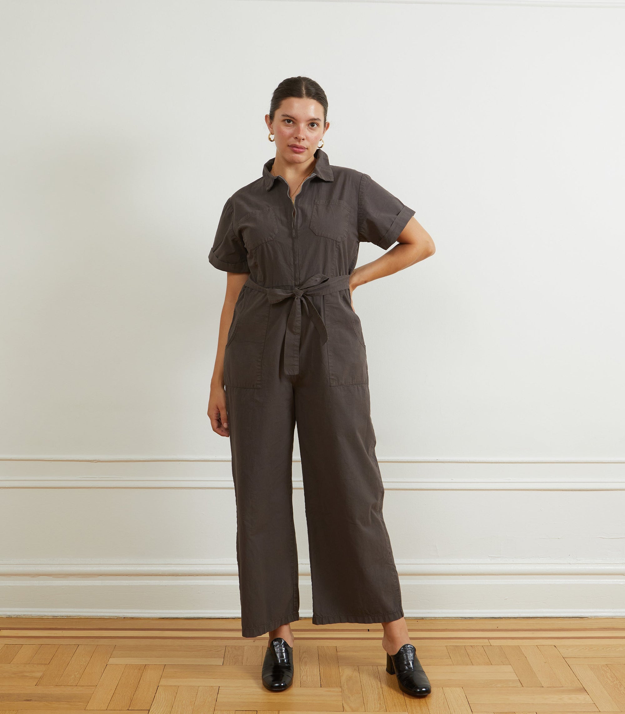 Loup - Poppy Short Sleeve Utility Jumpsuit- Espresso -