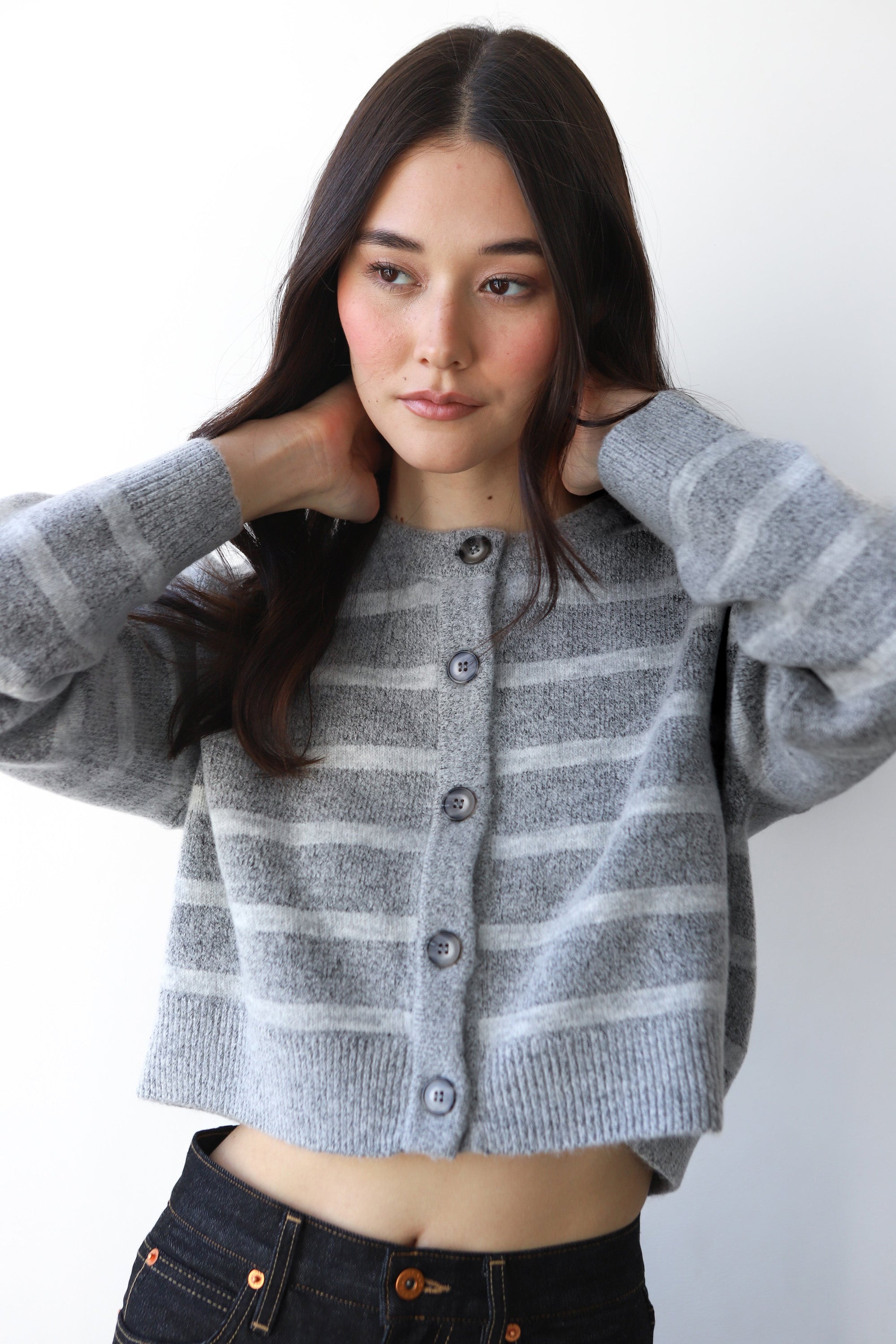Callahan Knitwear - Fiona Cardigan - Heather Grey Stripe -