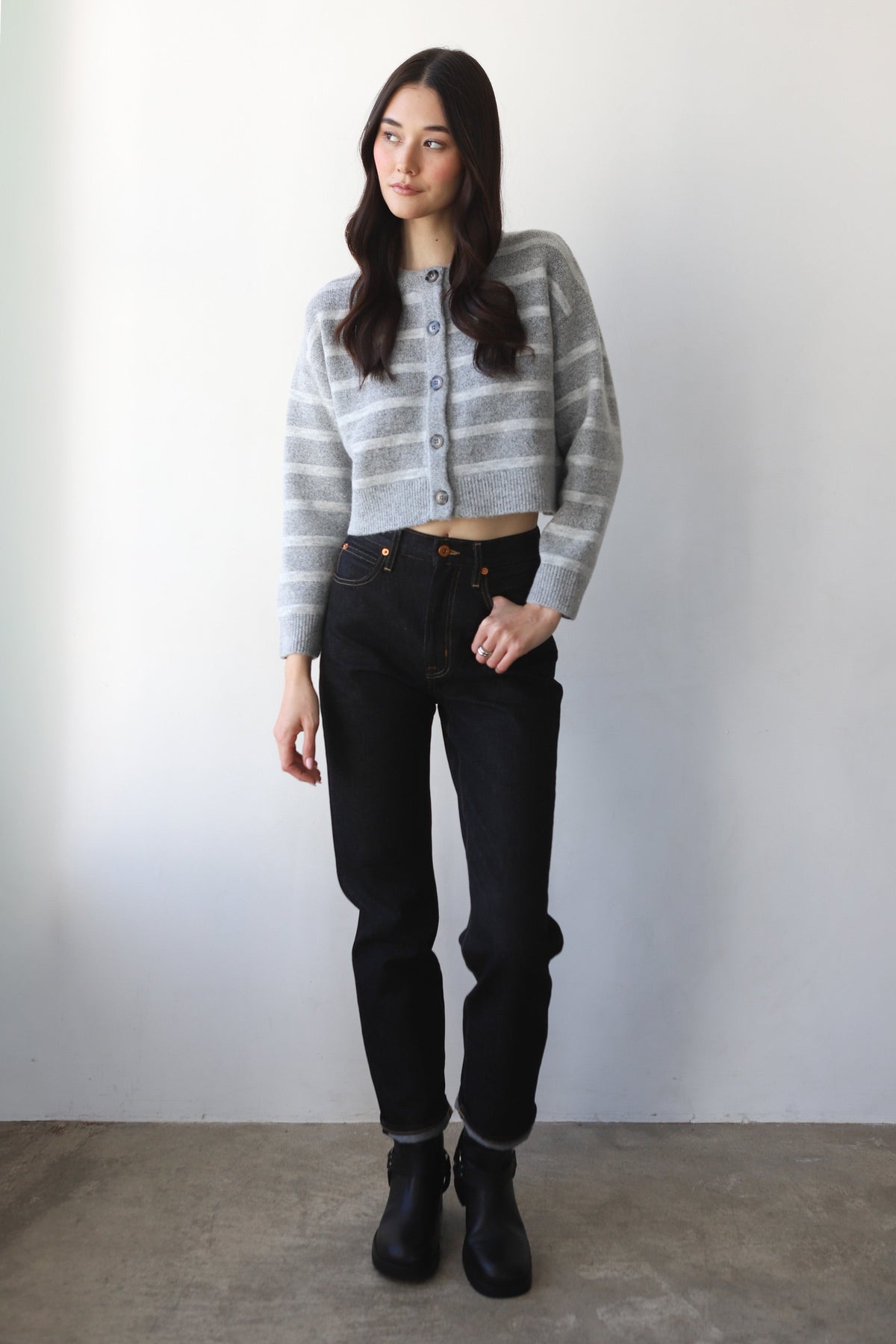Callahan Knitwear - Fiona Cardigan - Heather Grey Stripe -