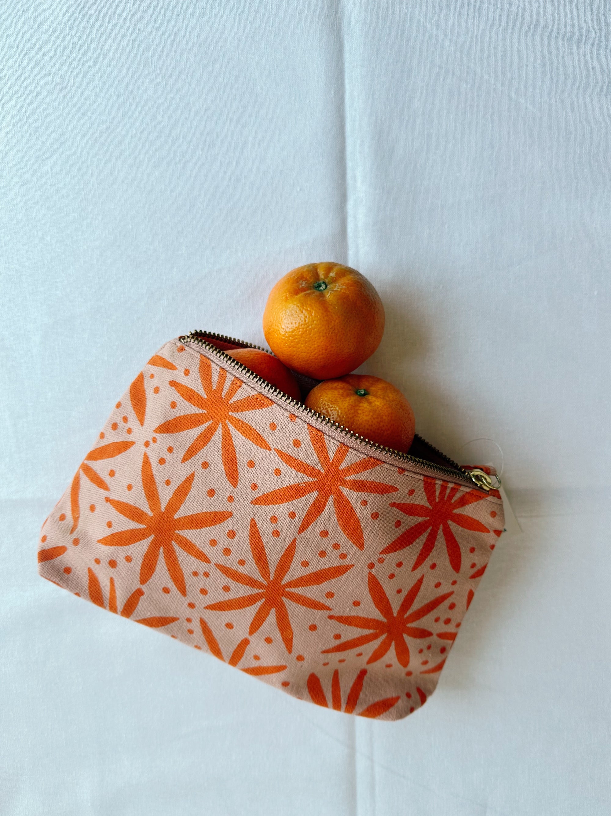 Julie Peach - Orange Floral Dots Block Printed Pouch -
