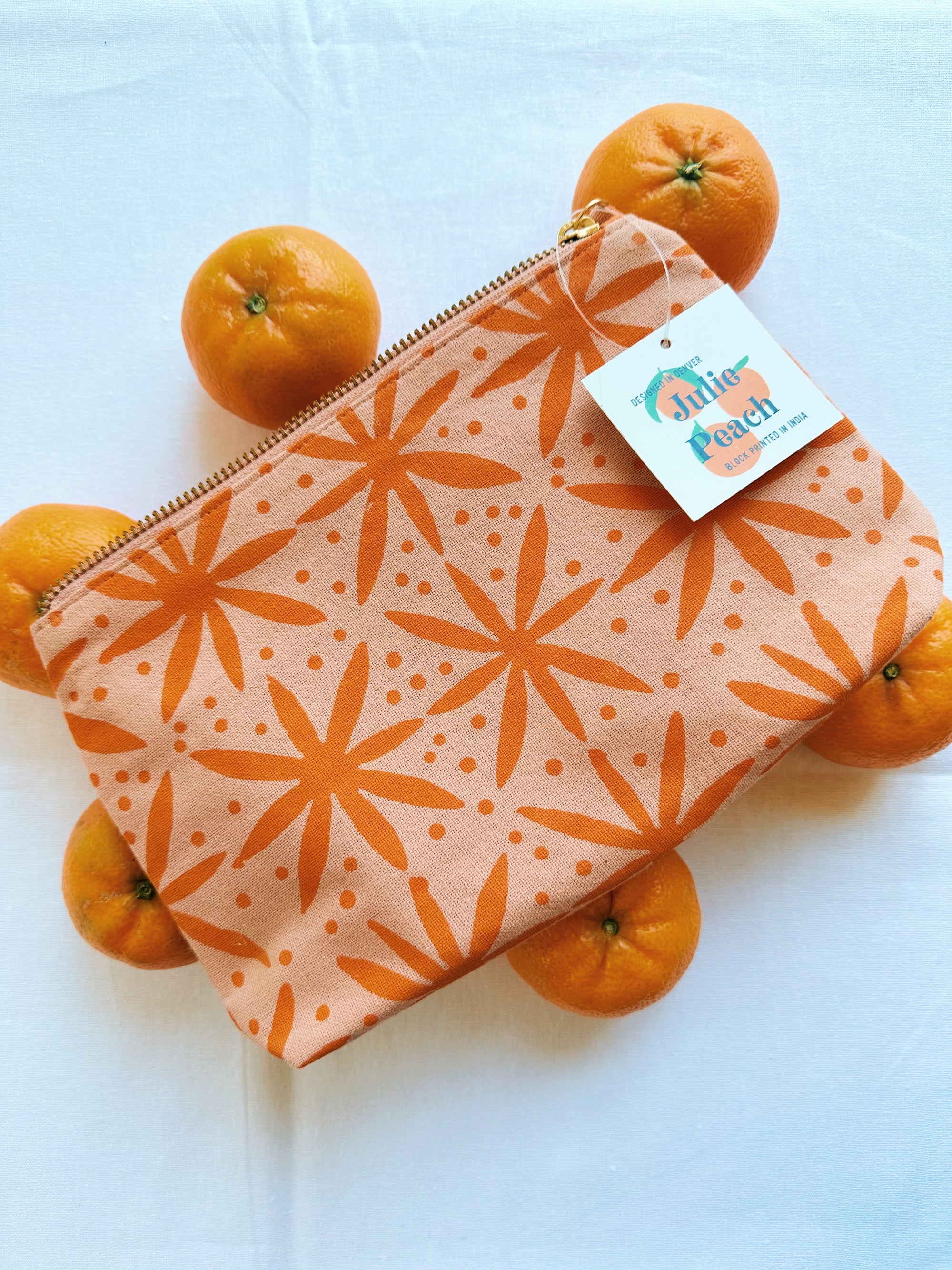 Julie Peach - Orange Floral Dots Block Printed Pouch -