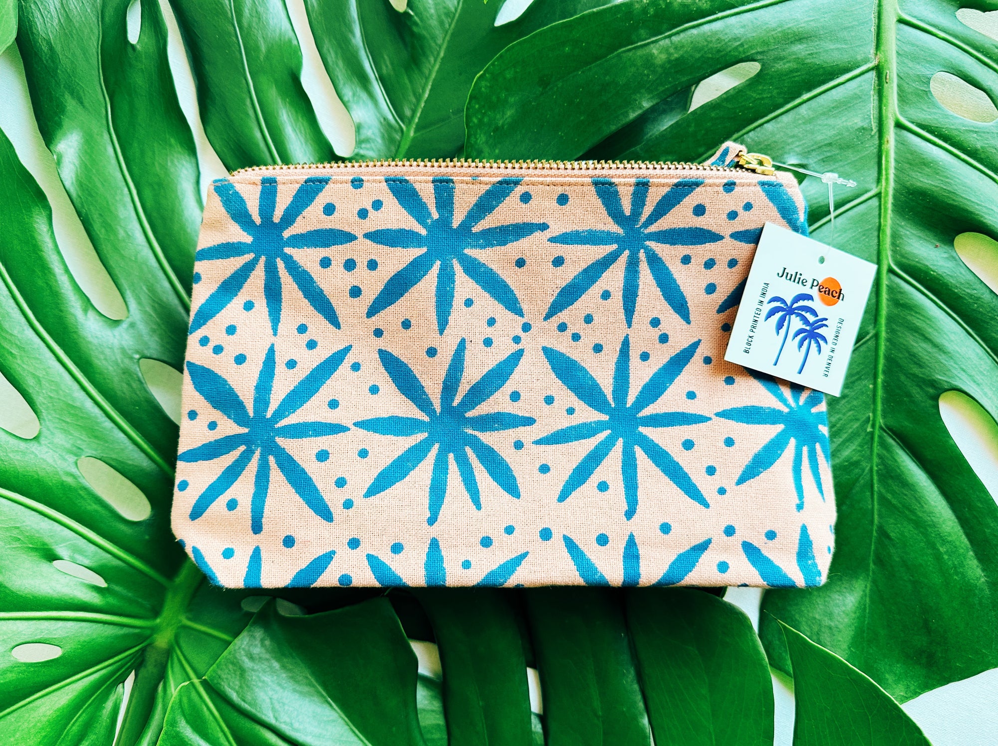 Julie Peach - Blue Floral Dots Block Printed Pouch -