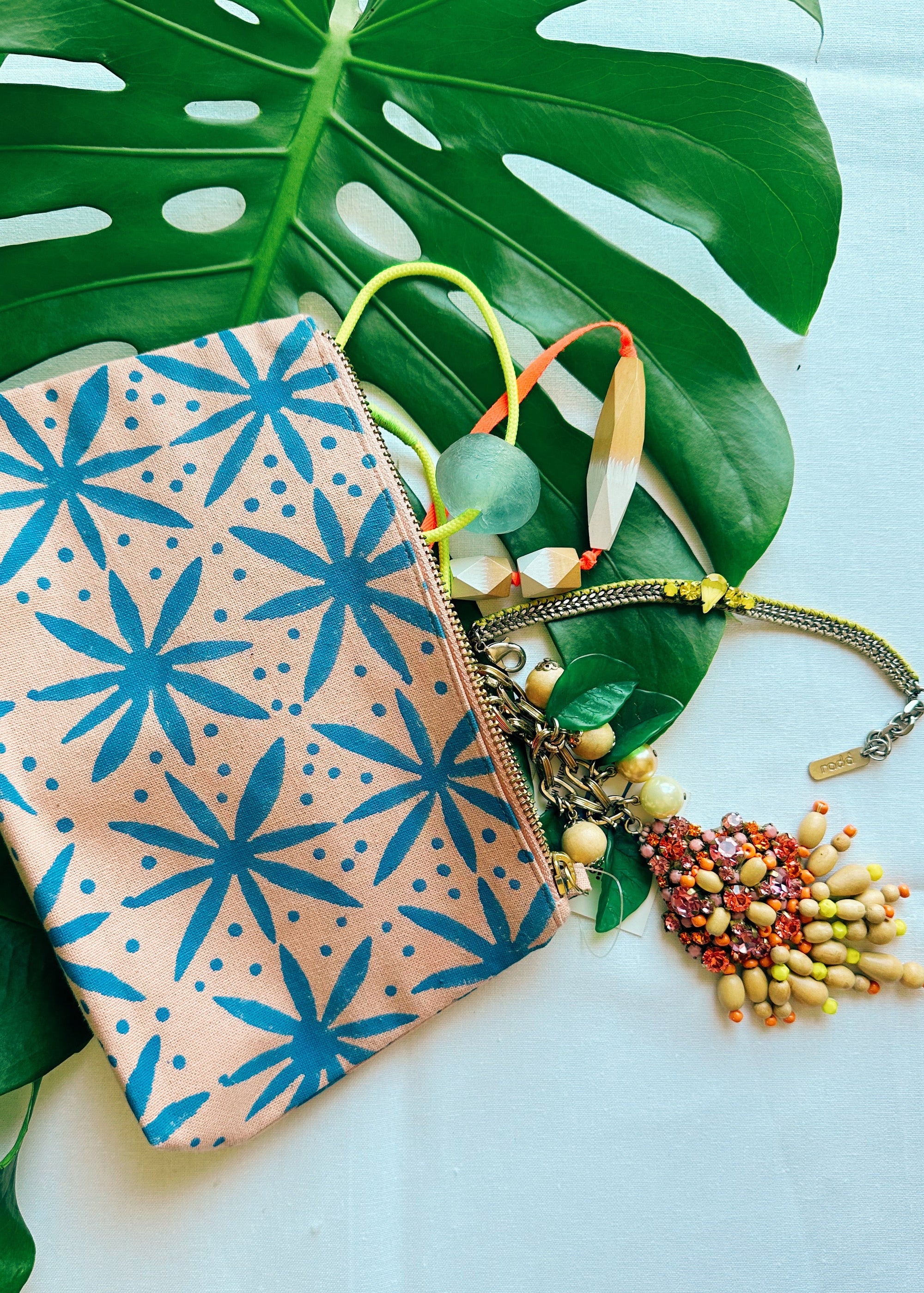 Julie Peach - Blue Floral Dots Block Printed Pouch -
