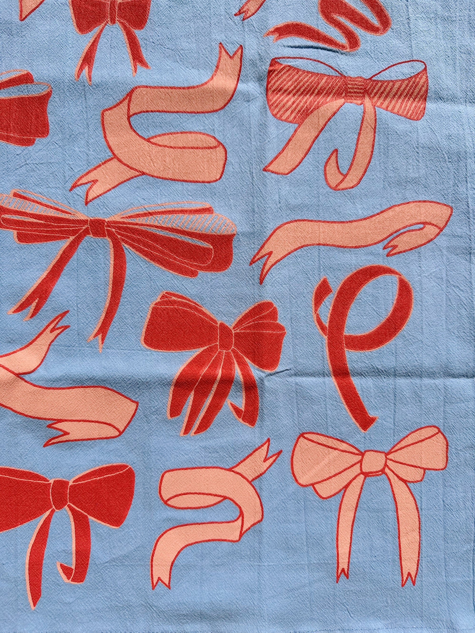 Julie Peach - Bows on Blue Tea Towel -