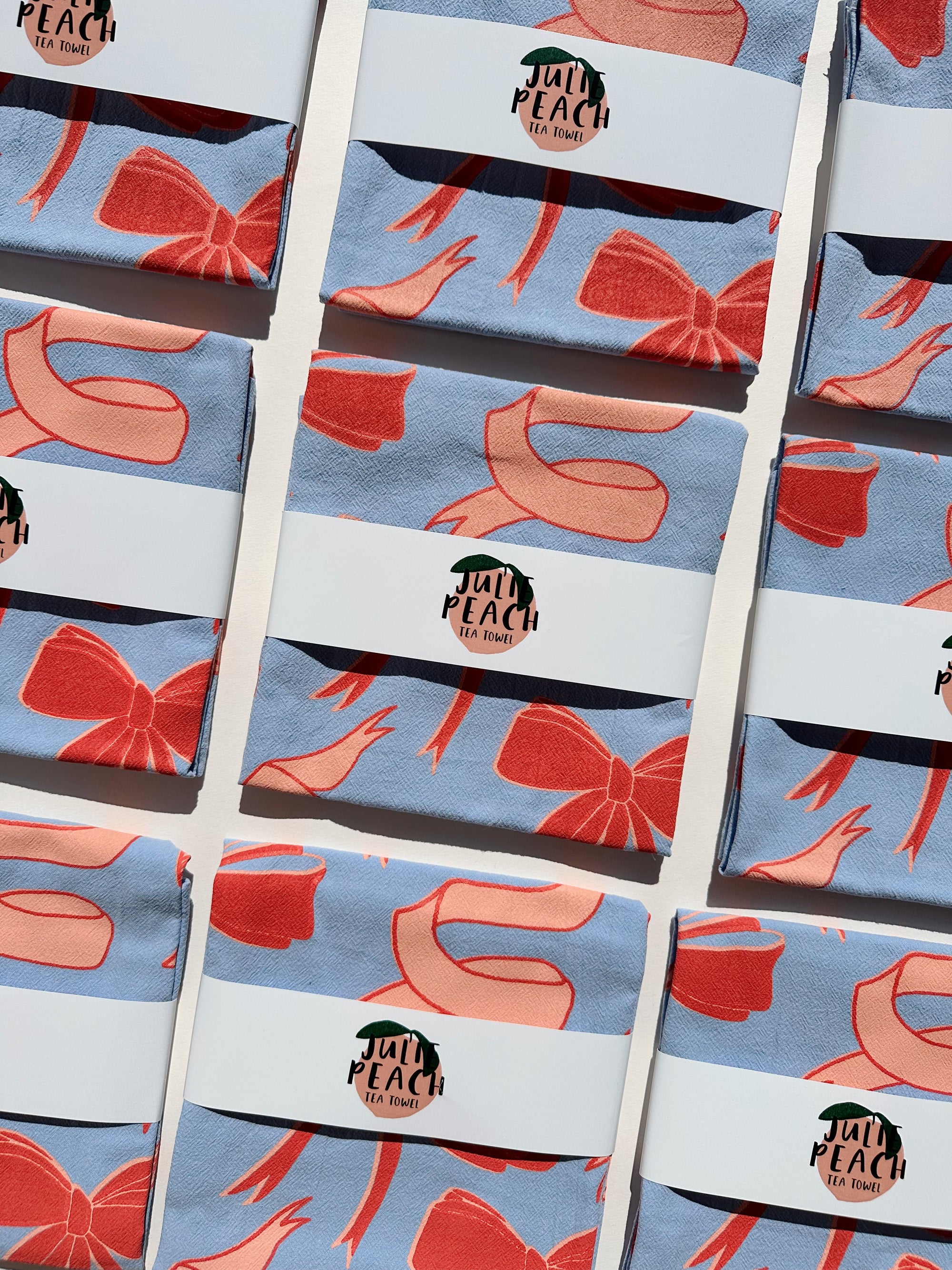 Julie Peach - Bows on Blue Tea Towel -