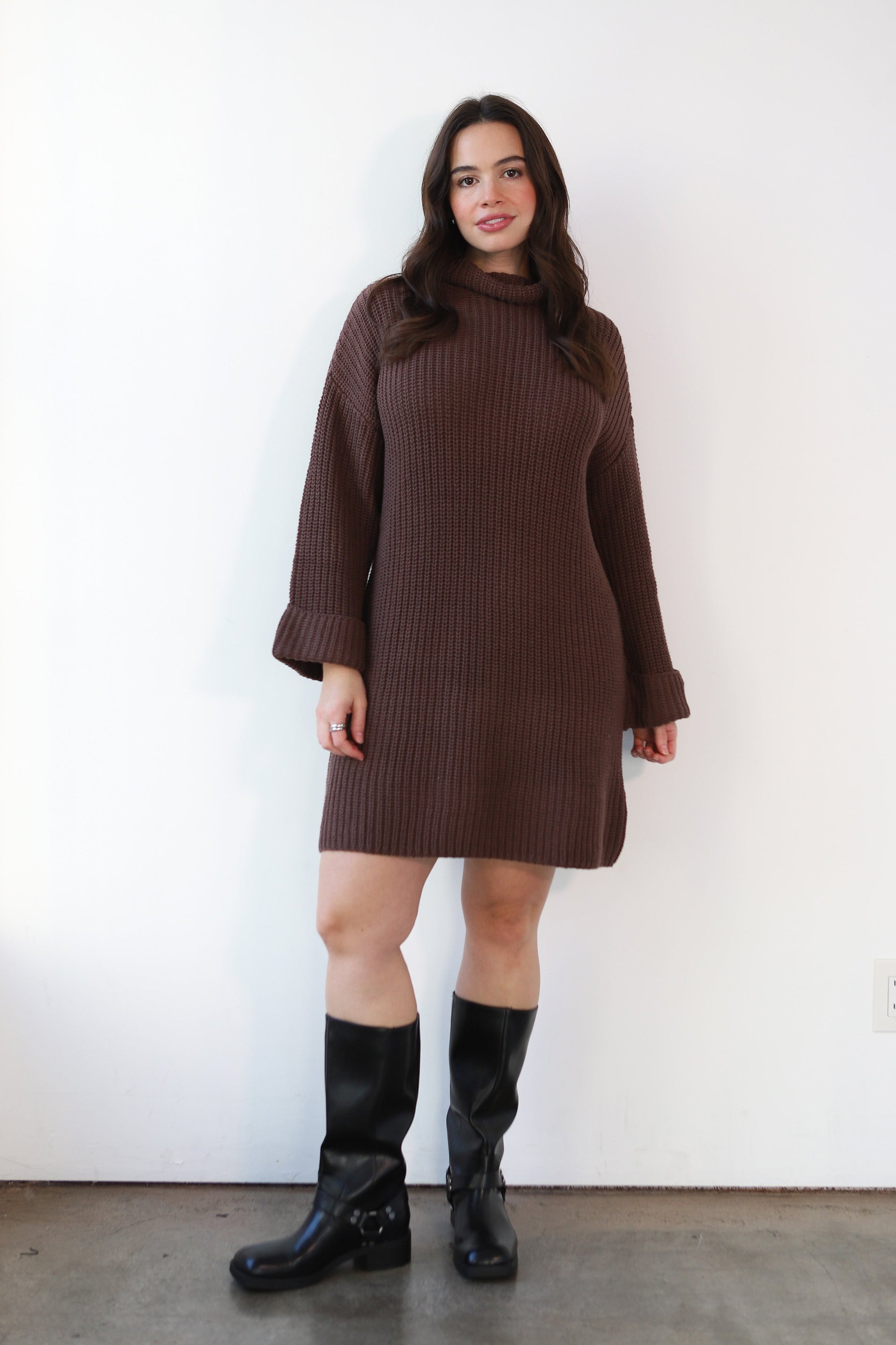 Callahan Knitwear - Baggy Turtleneck Mini Dress - Chocolate -