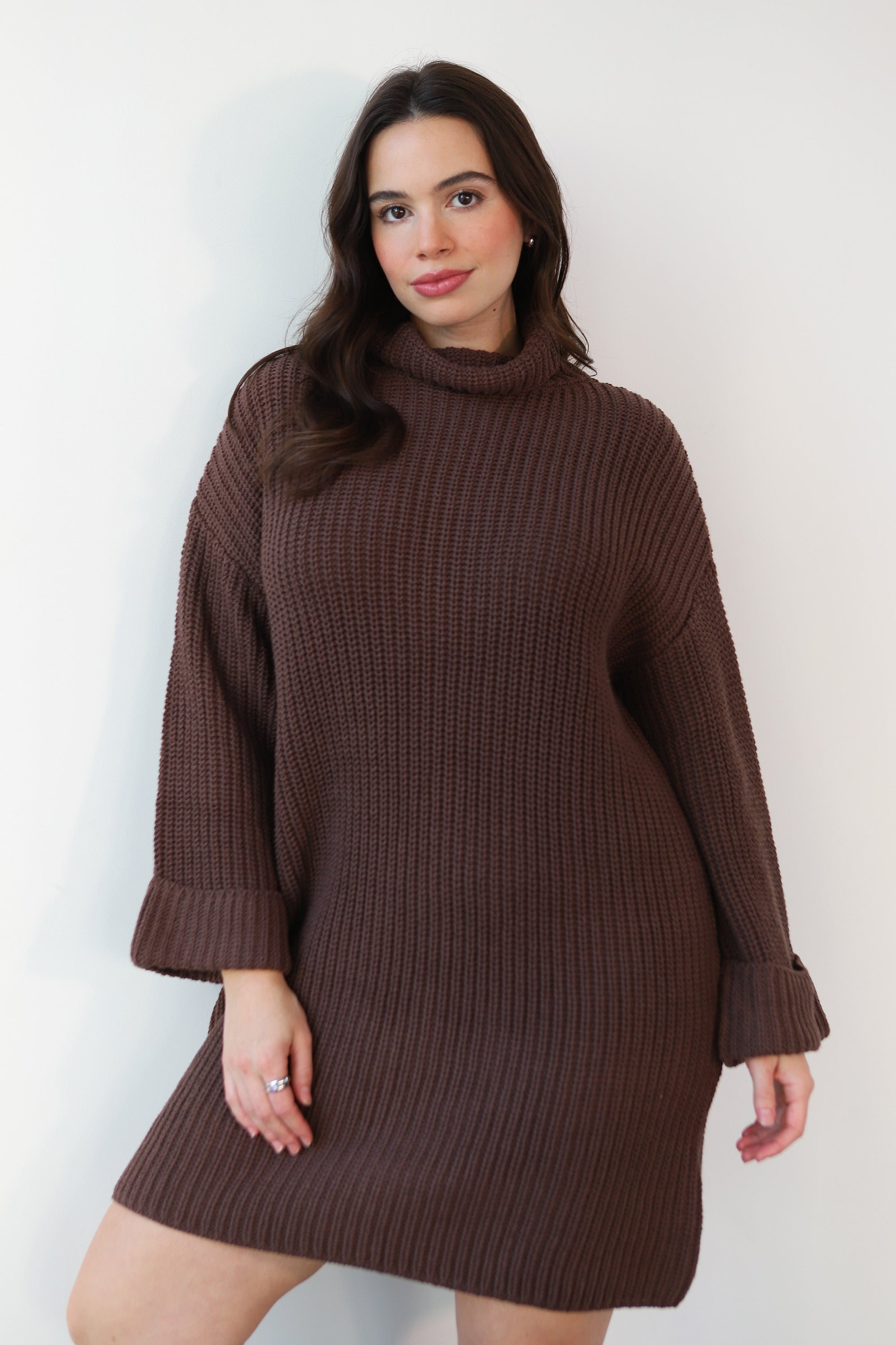Callahan Knitwear - Baggy Turtleneck Mini Dress - Chocolate -