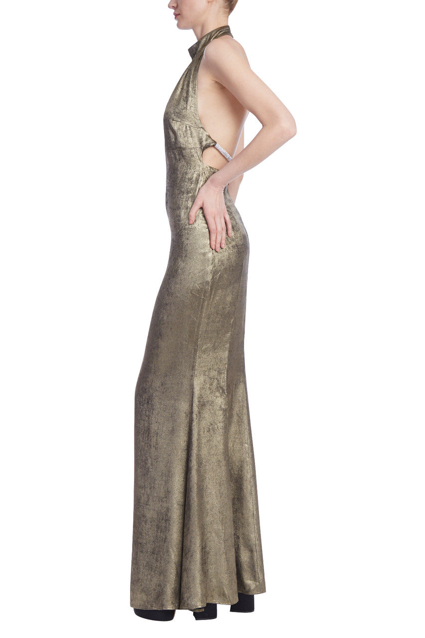 Metallic Halter Column Gown