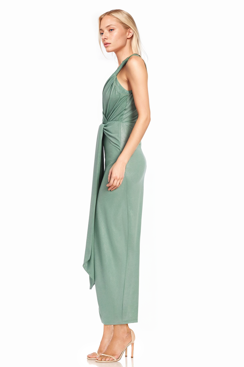 Metallic Jersey Twist-Shoulder Gown with Tie Front Detail