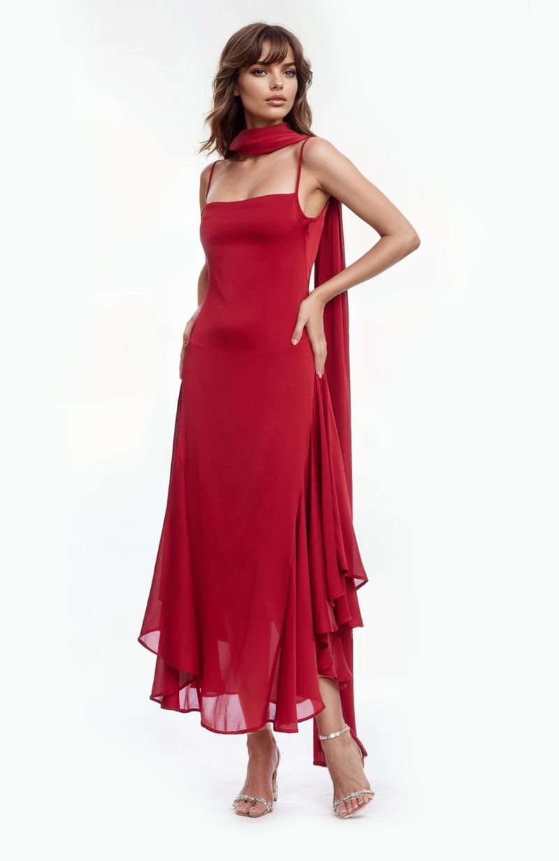 Jewel Badgley Mischka - Janie Midi Dress & Chiffon Scarf - Red