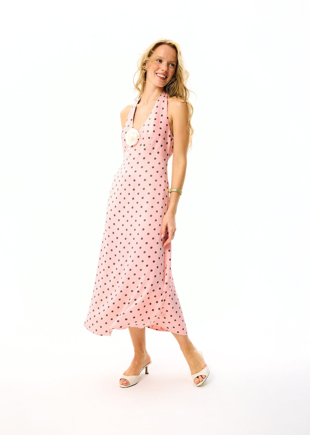 Sleeper - Jardin Halterneck Maxi Dress - Blush Polka Dot -