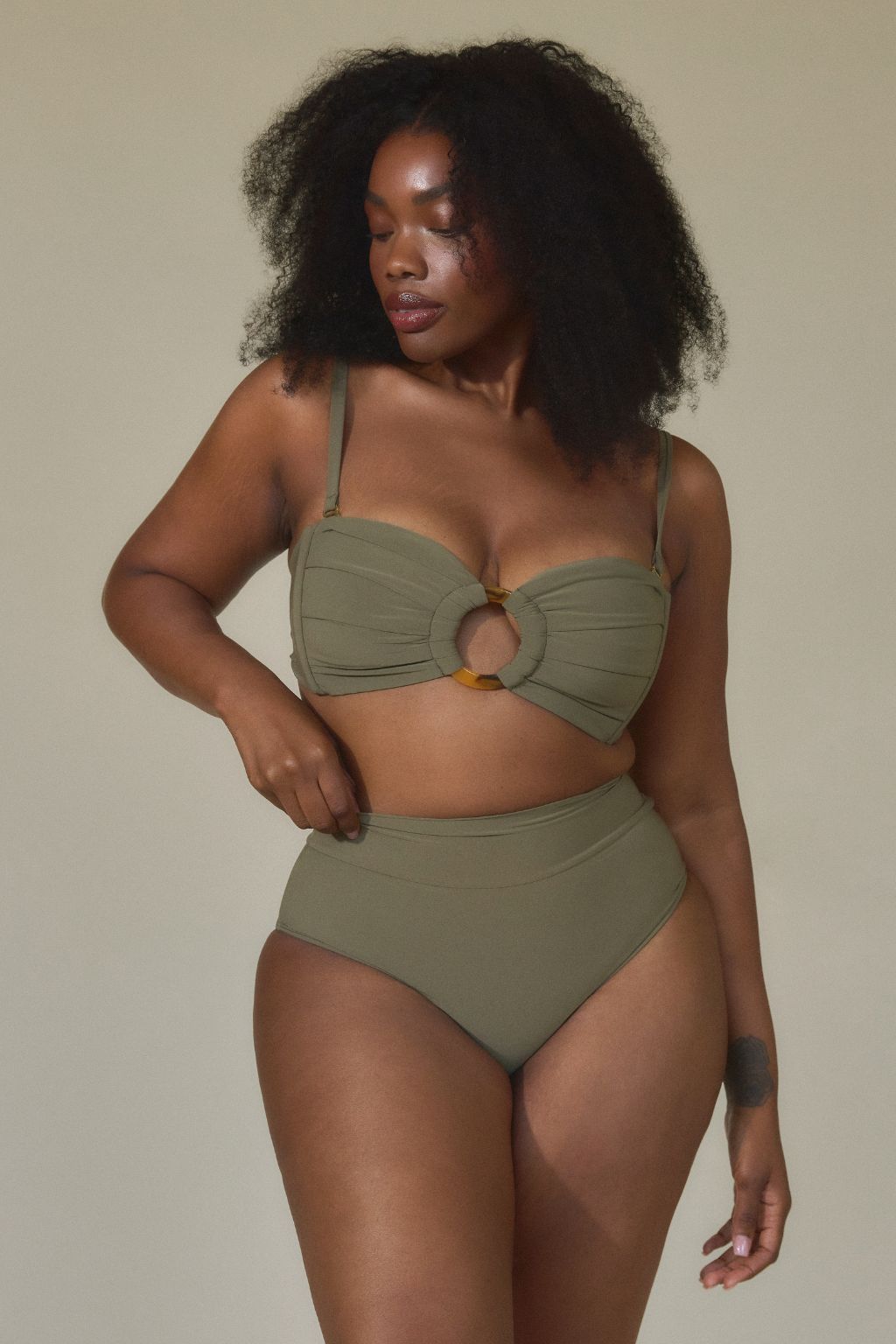 Montce - Khaki Added Coverage High Rise Bikini Bottom -
