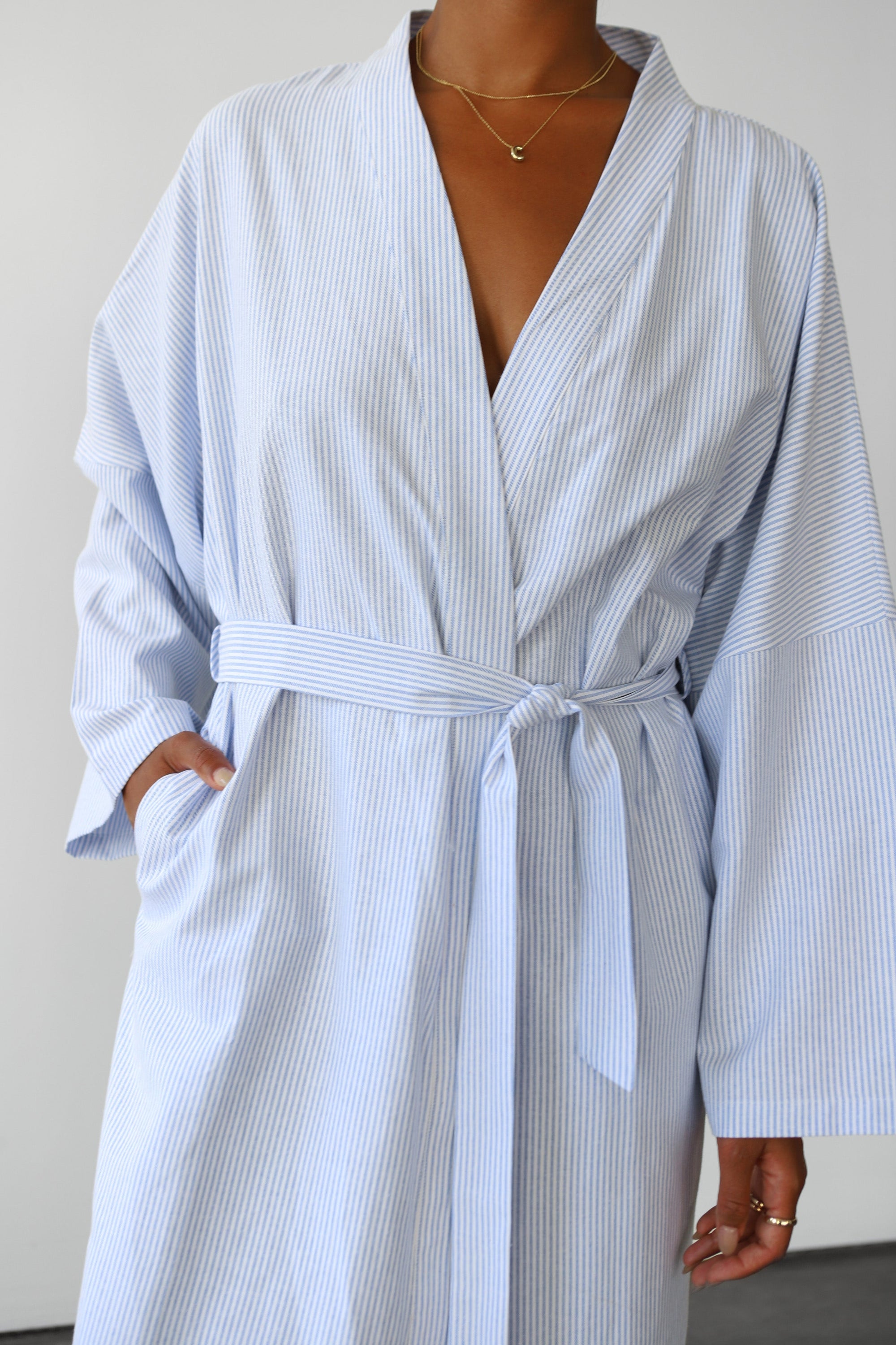 The Pinstripe Long Robe - Sky