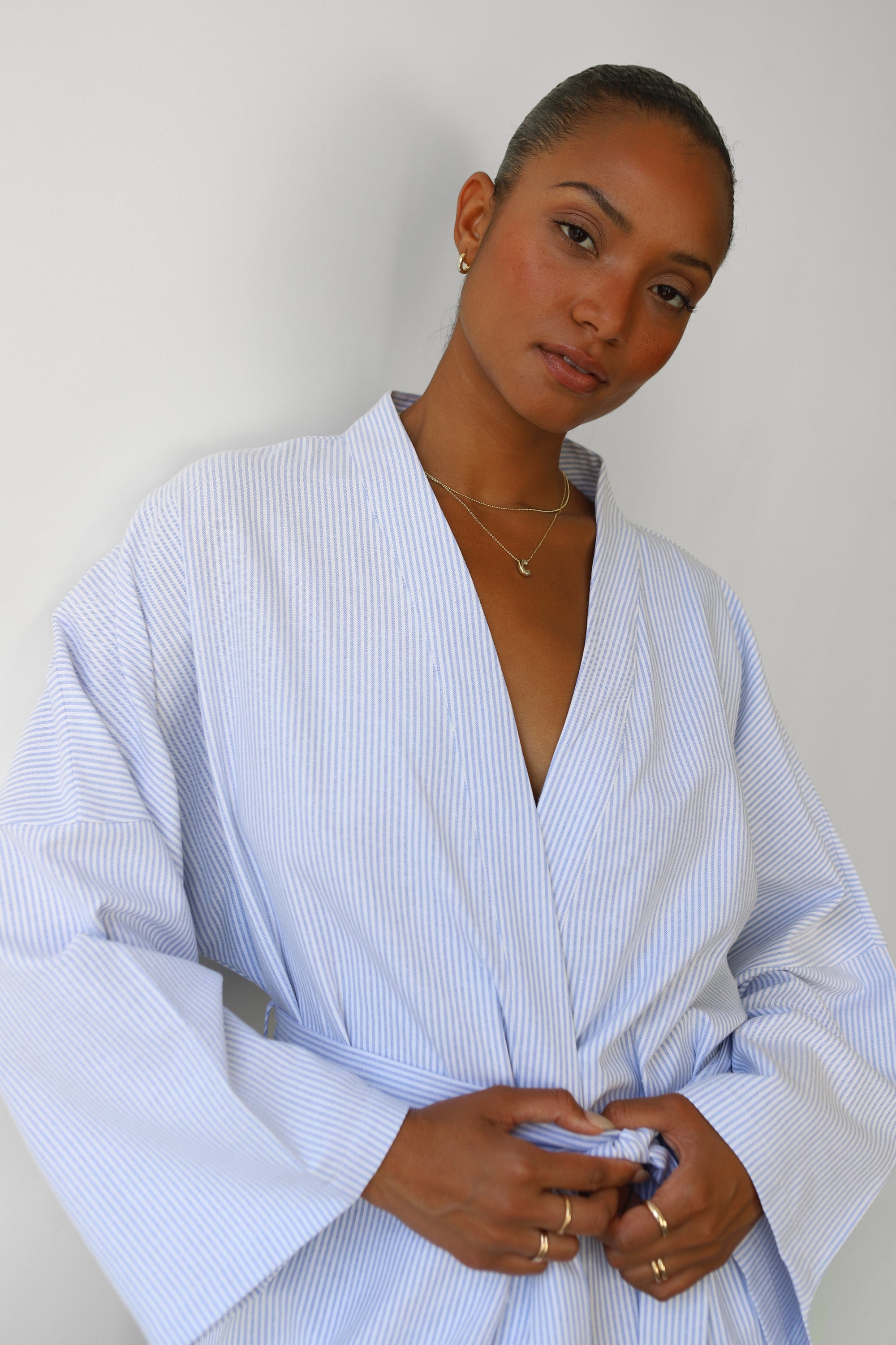 The Pinstripe Long Robe - Sky