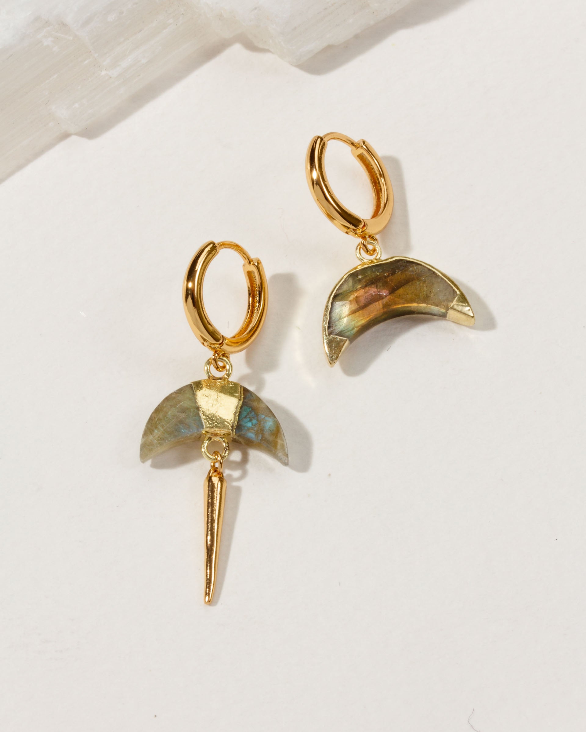 Luna Norte - Crescent Horn Mismatched Huggie Hoop Earring - Labradorite