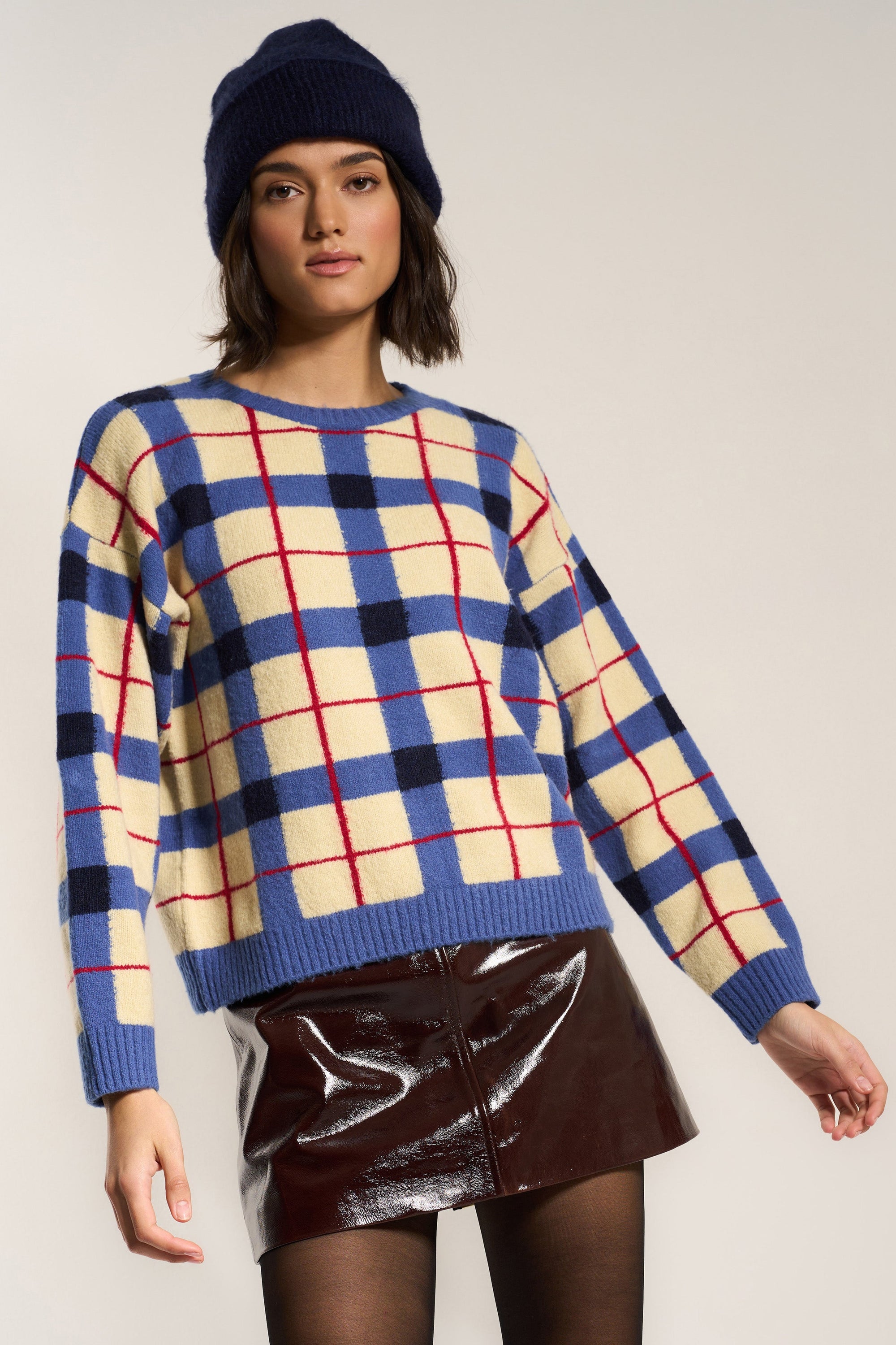 Callahan Knitwear - Melody Plaid Crewneck - Navy -