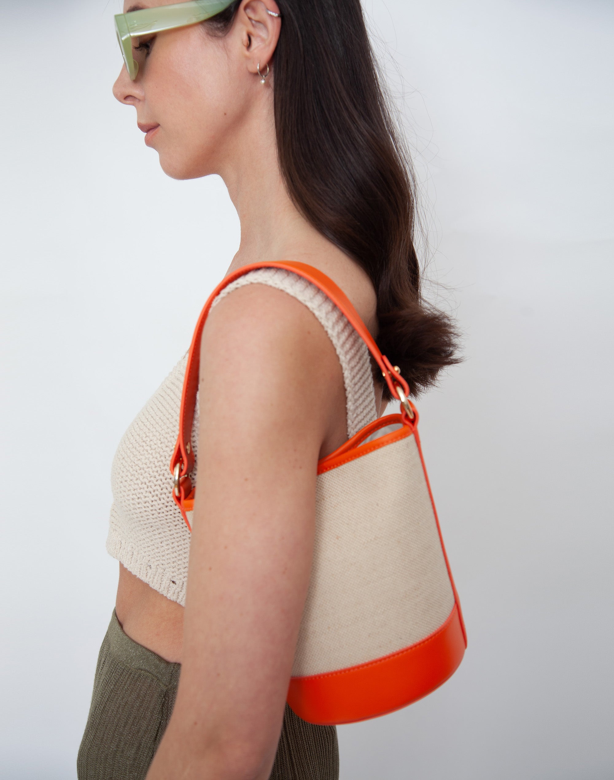 Canvas Mini Bucket Bag - Linen/Orange