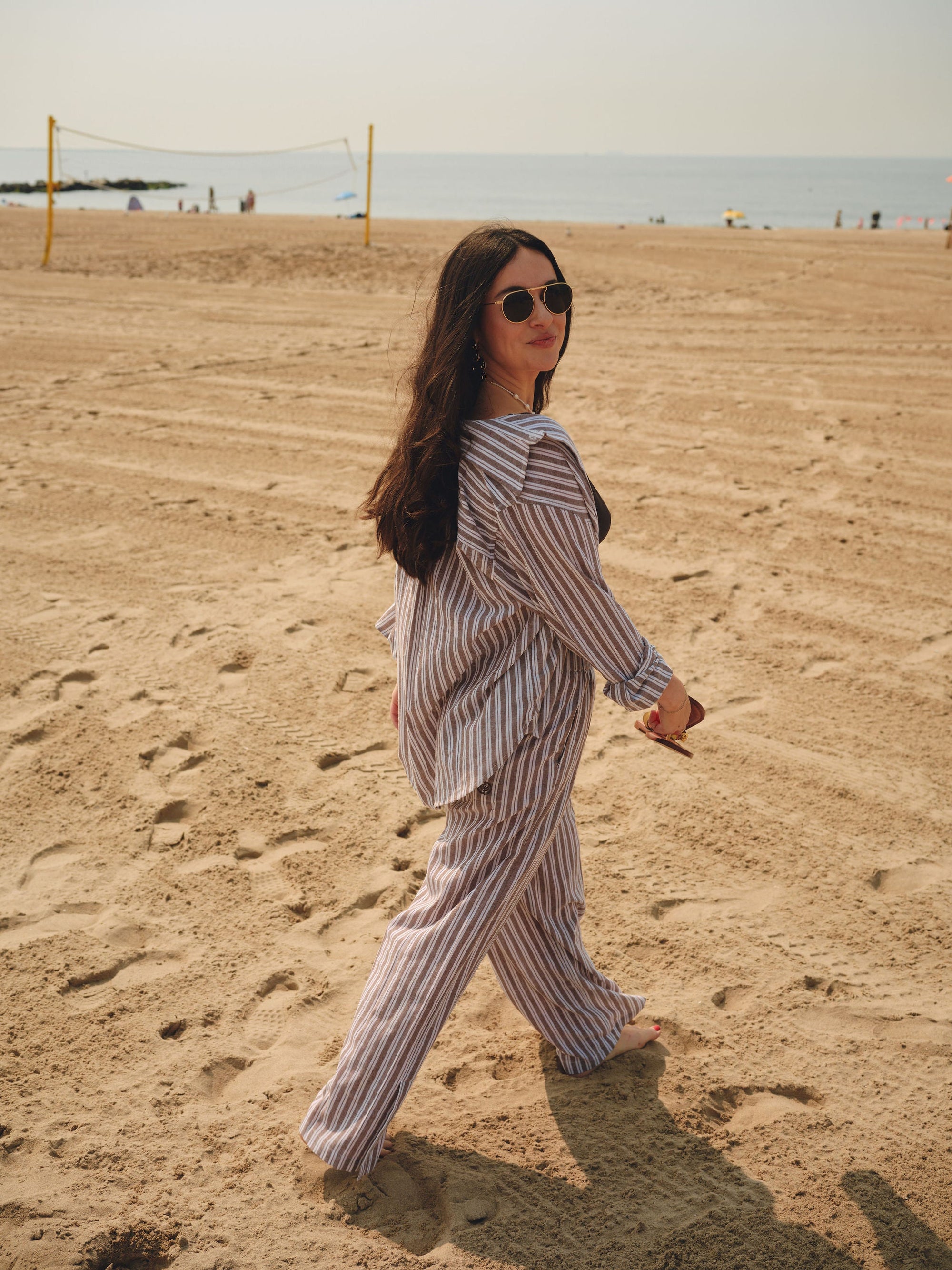 Nelle Atelier - The Tommy Petite Linen Slit Pant - Chocolate Stripe -