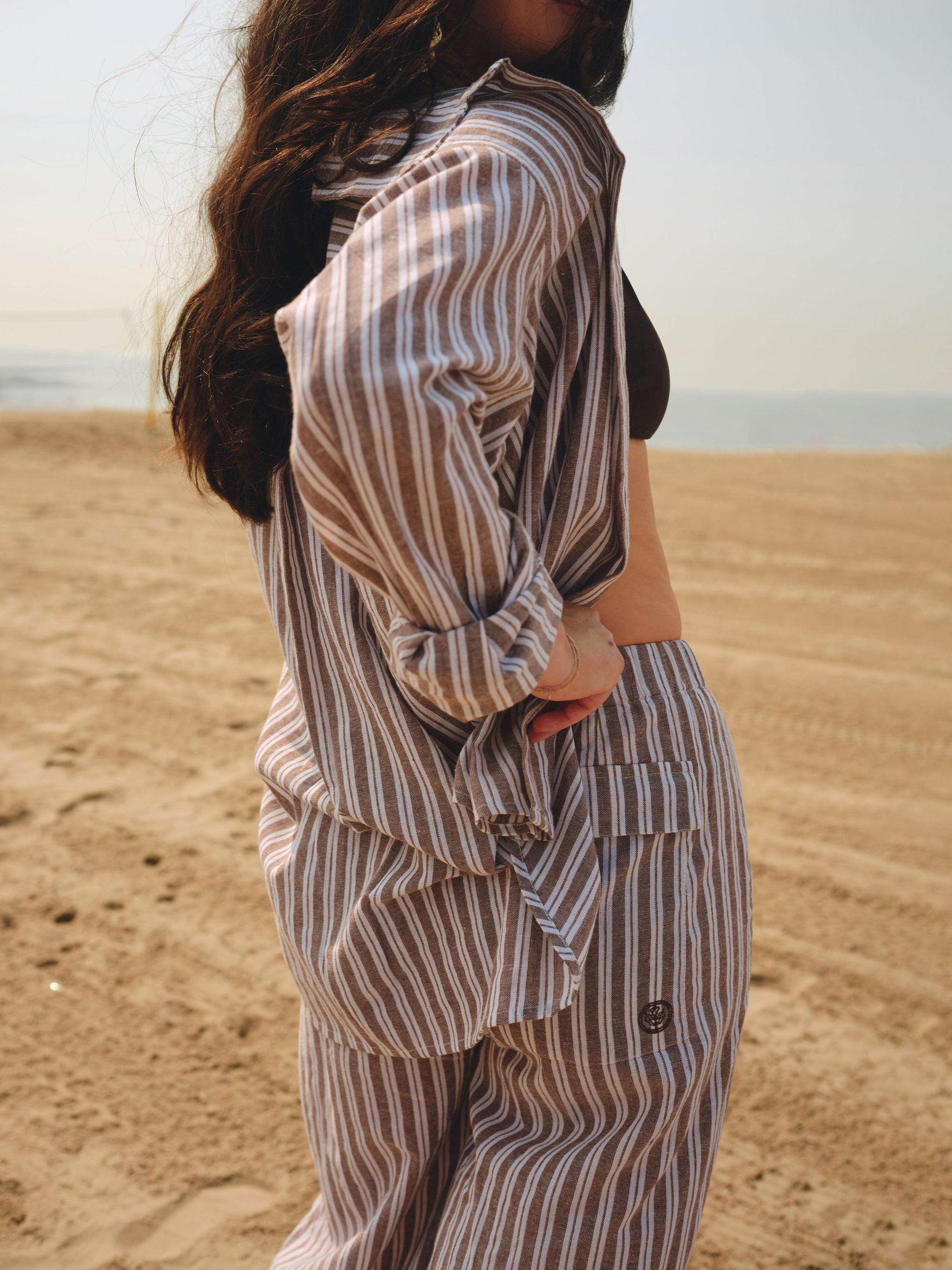 Nelle Atelier - The Tommy Petite Linen Slit Pant - Chocolate Stripe -
