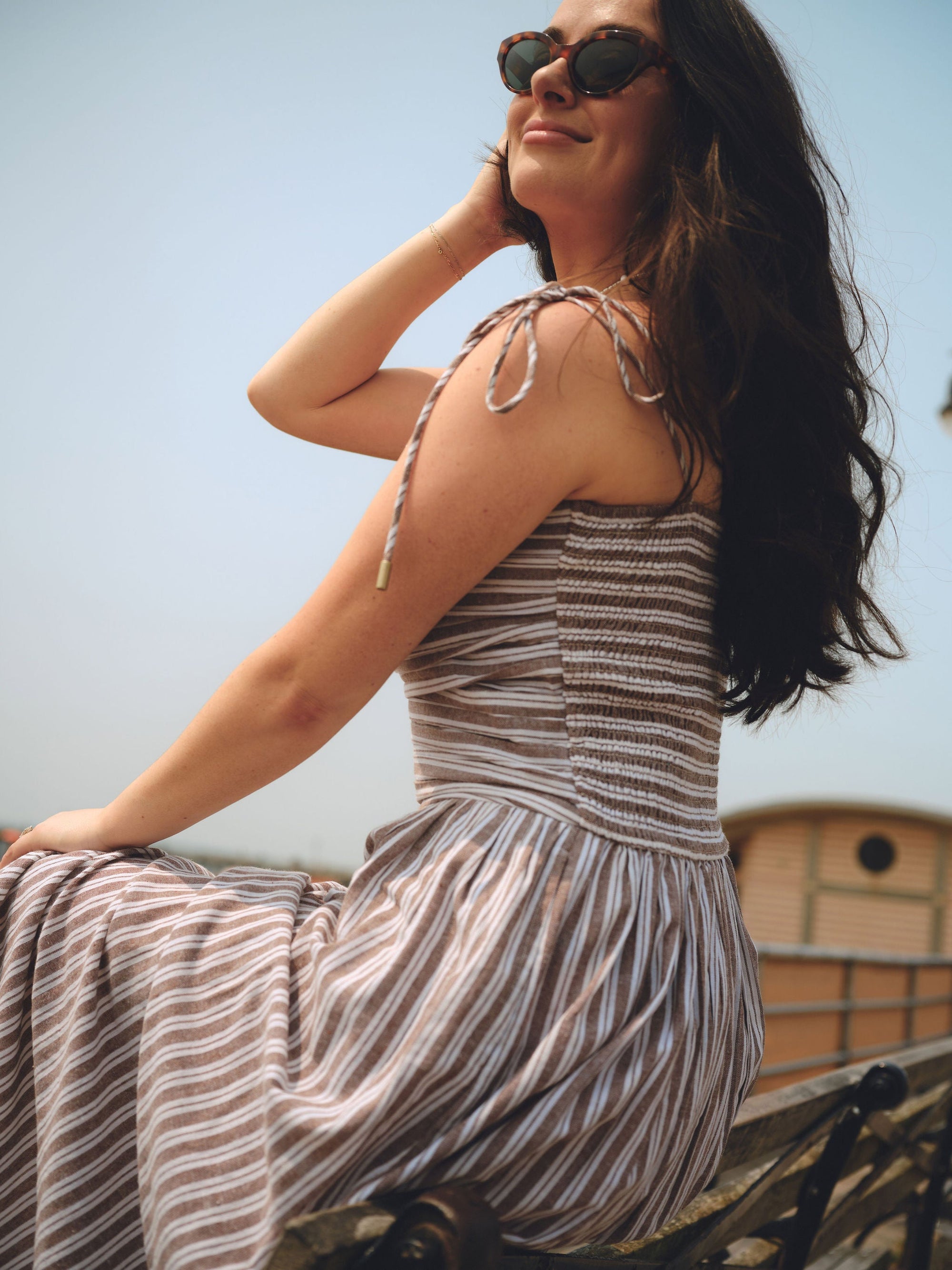 Nelle Atelier - The Caroline Petite Drop Waist Maxi Dress - Chocolate Stripe -