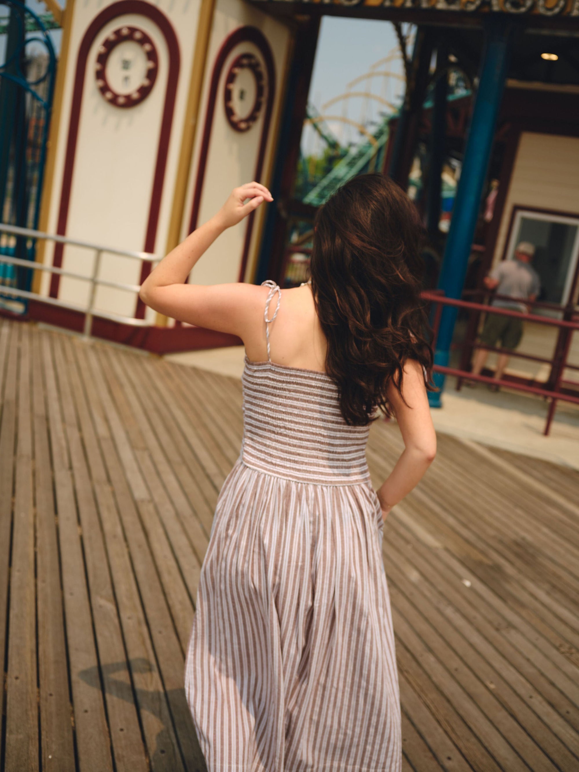 Nelle Atelier - The Caroline Petite Drop Waist Maxi Dress - Chocolate Stripe -