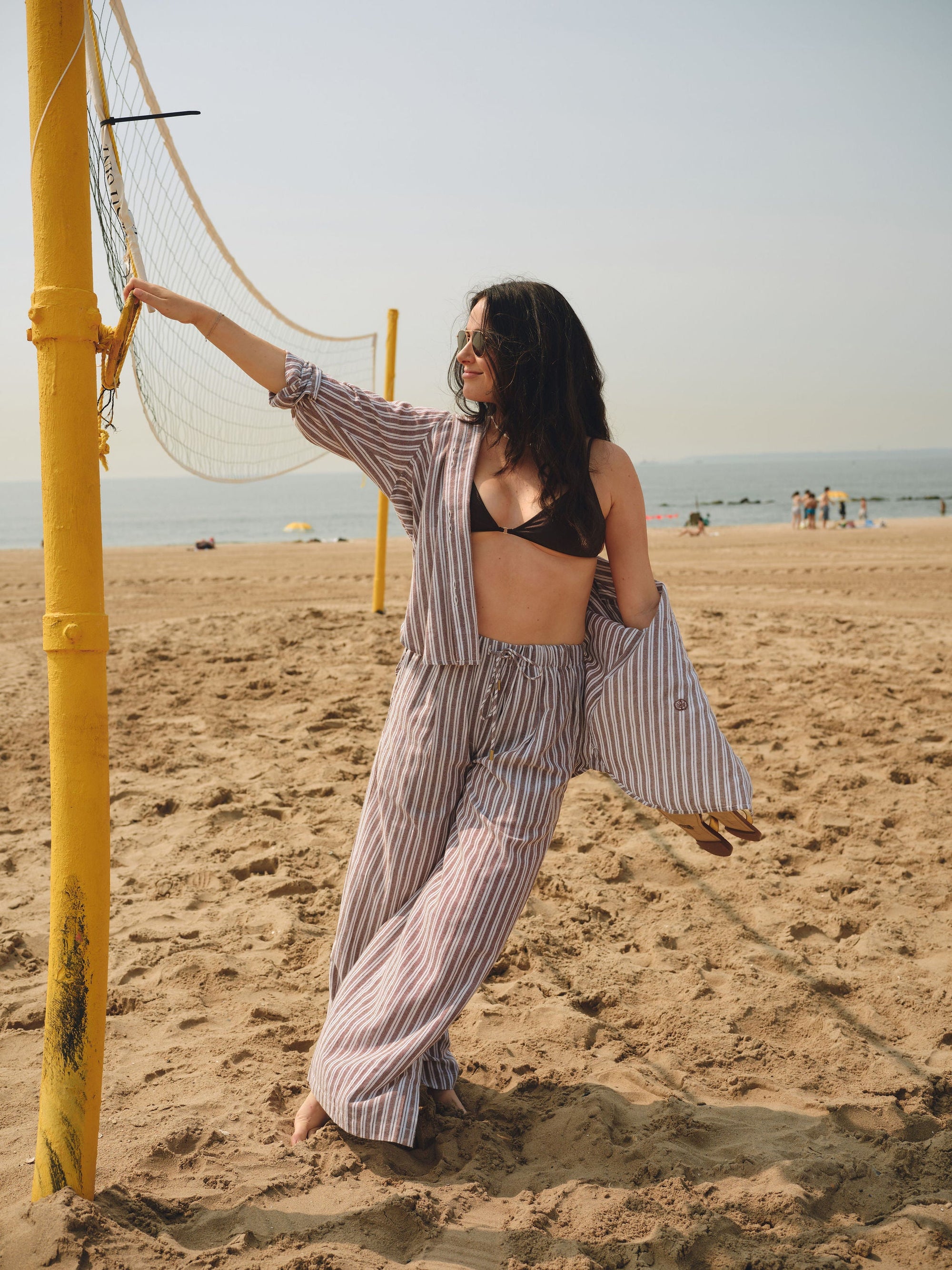 Nelle Atelier - The Tommy Petite Linen Slit Pant - Chocolate Stripe -