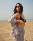 Nelle Atelier - The Tommy Petite Linen Slit Pant - Chocolate Stripe -