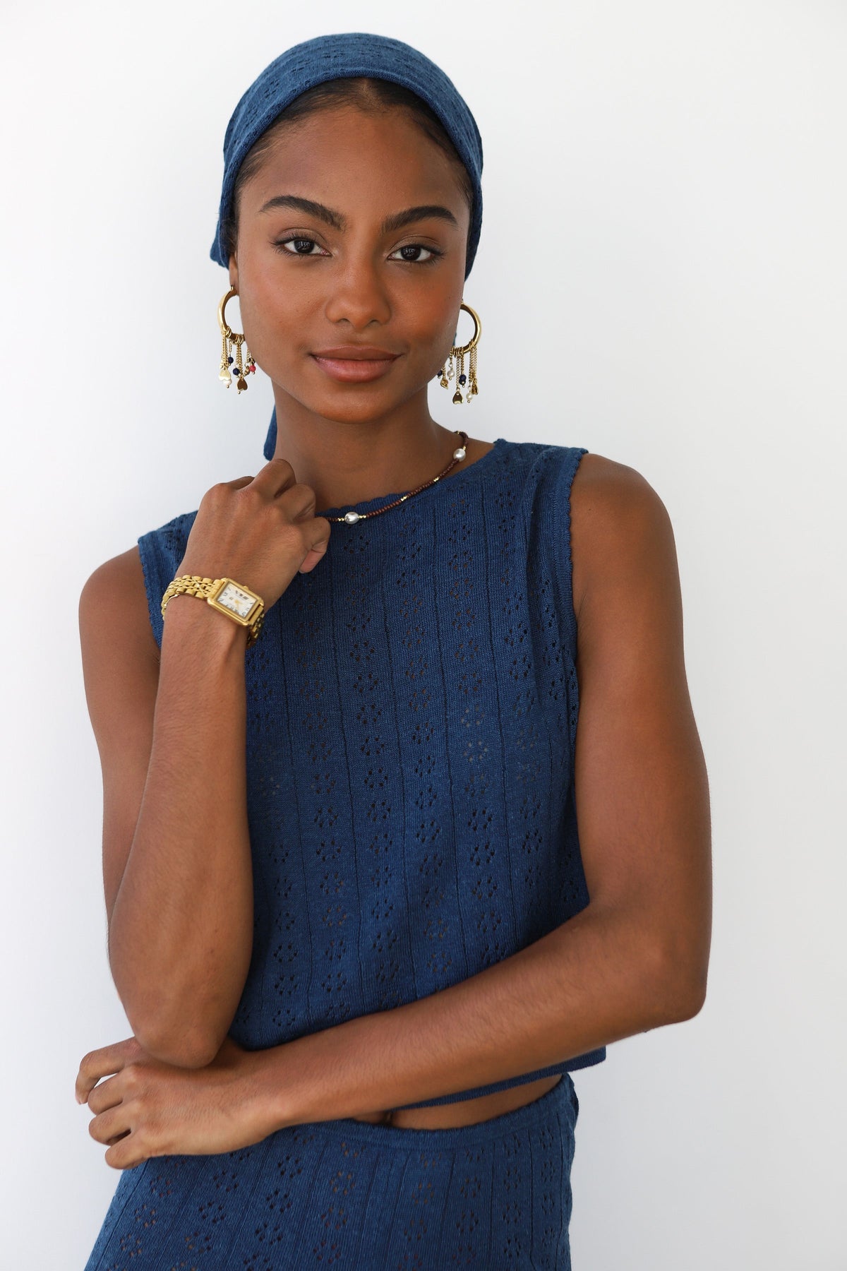 Nerissa Pointelle Handkerchief Scarf - Navy