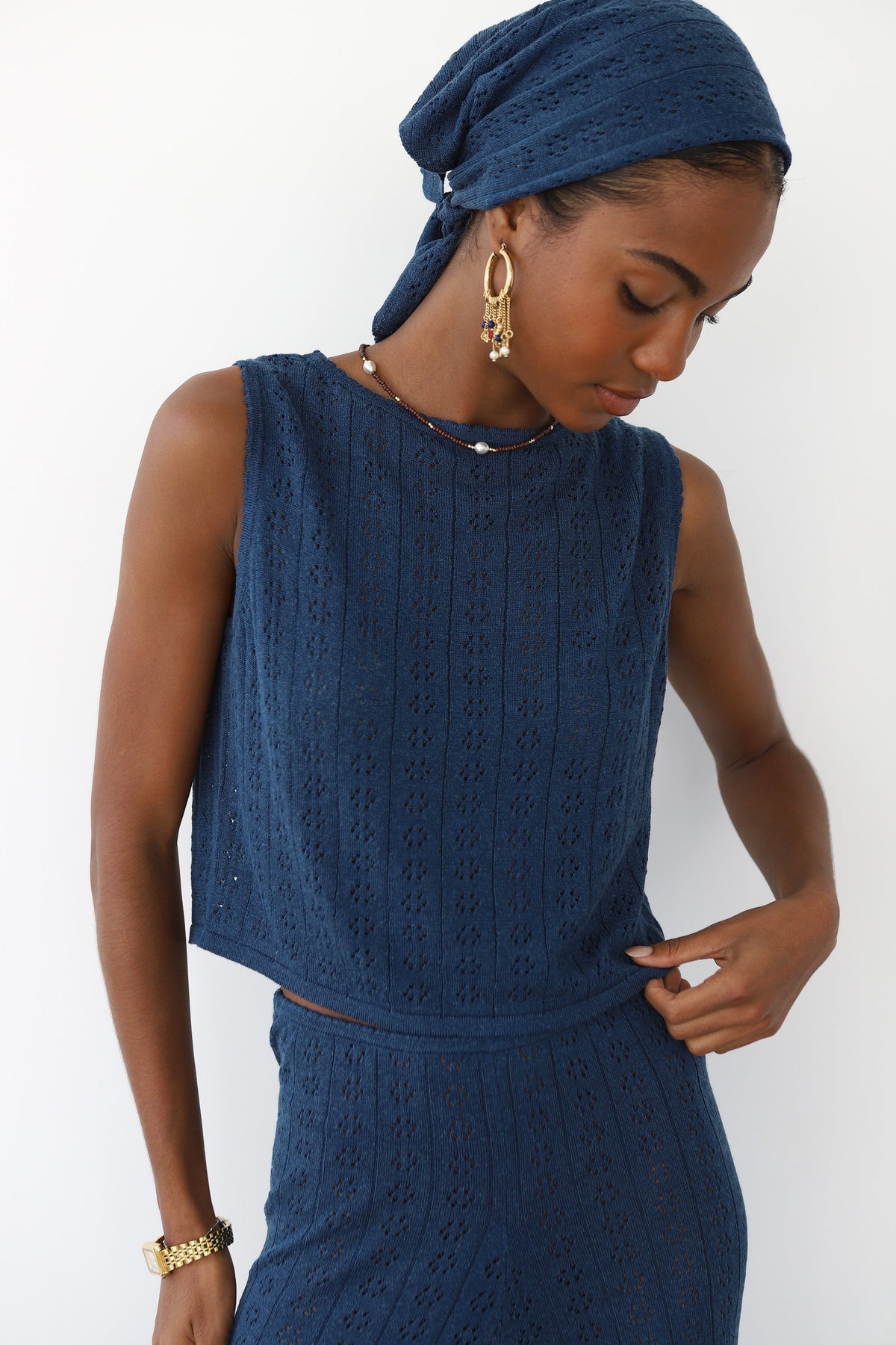 Nerissa Pointelle Handkerchief Scarf - Navy