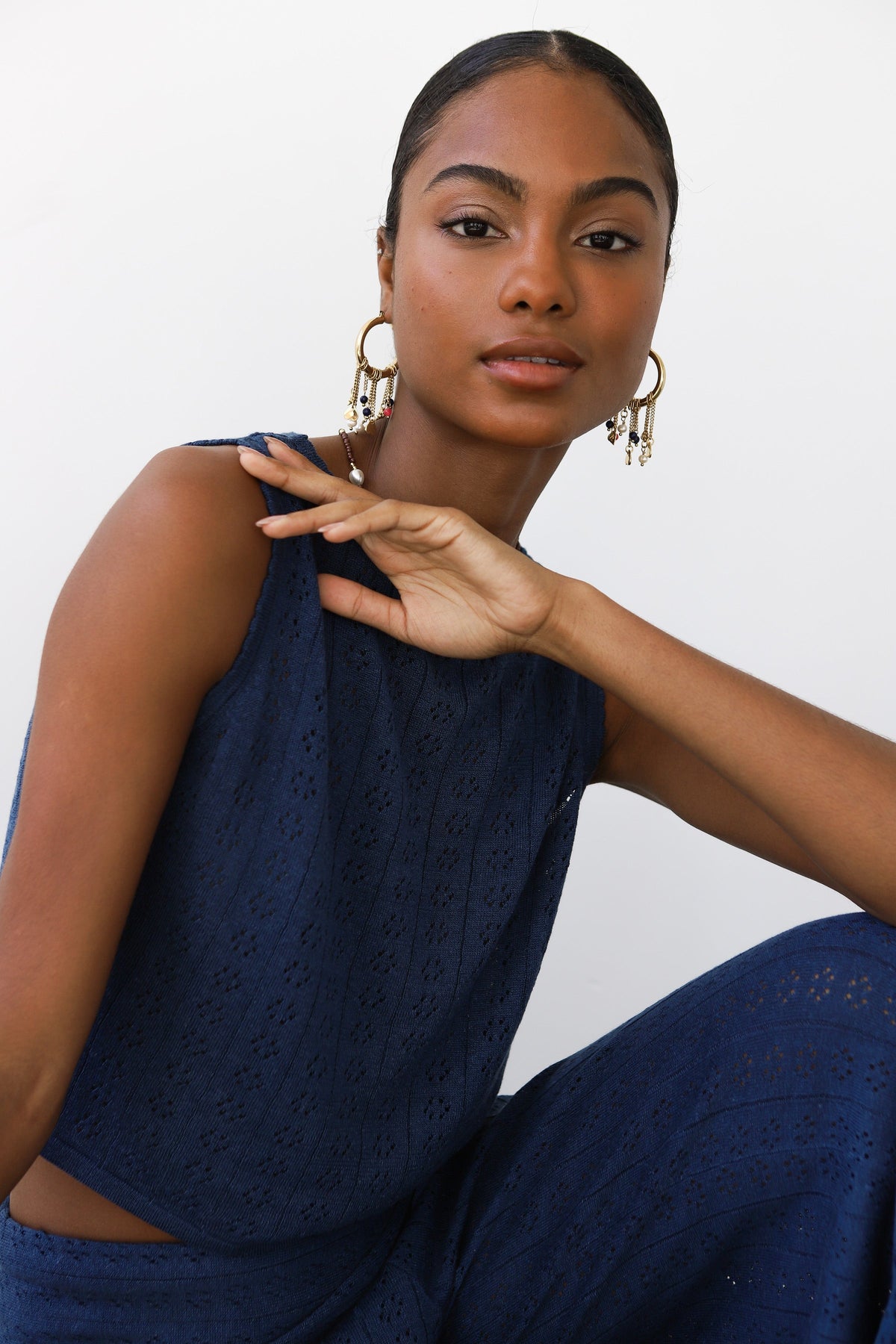 Nerissa Pointelle Tank - Navy