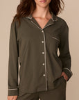 Harper Wilde - Perfect Pima Long Sleeve Button Up (Piping) - Olive -