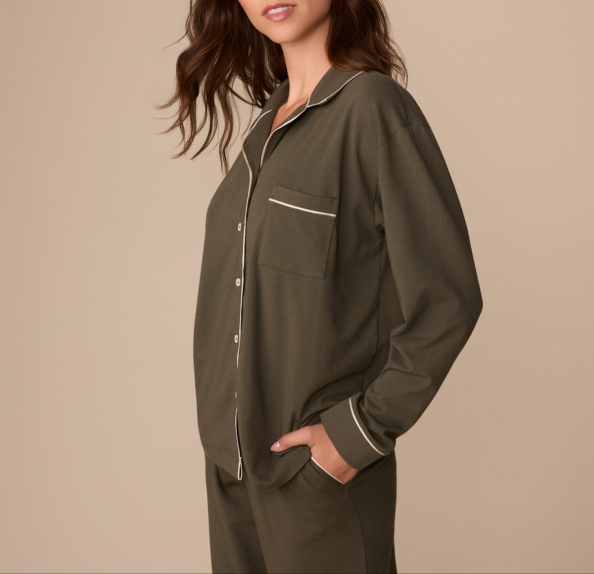 Harper Wilde - Perfect Pima Long Sleeve Button Up (Piping) - Olive -