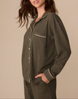 Harper Wilde - Perfect Pima Long Sleeve Button Up (Piping) - Olive -