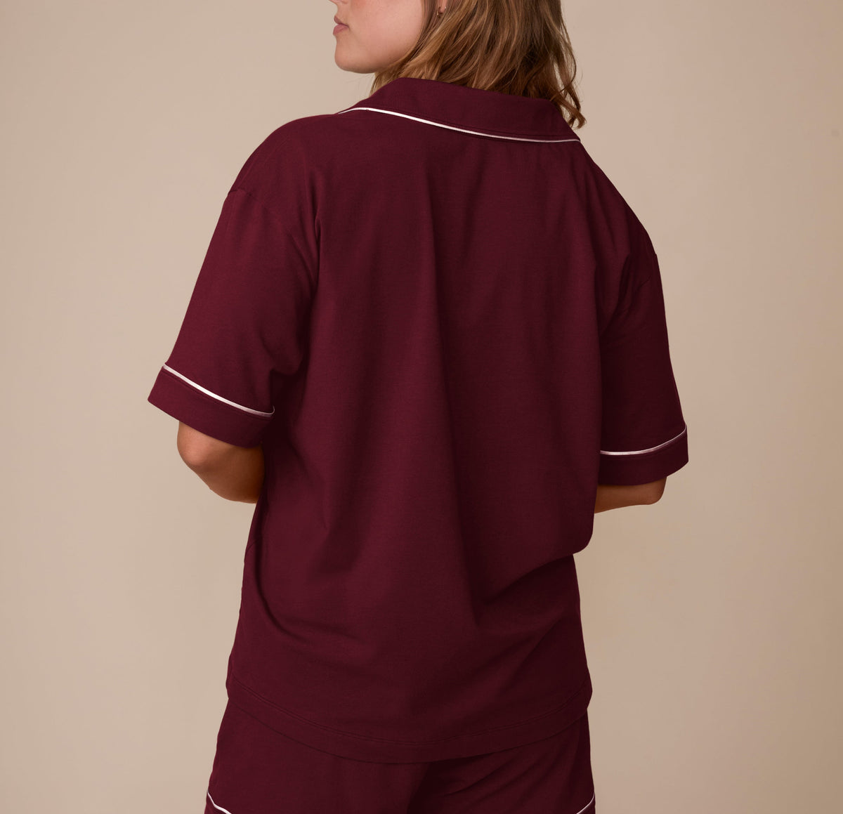 Harper Wilde - Perfect Pima Short Sleeve Button Up (Piping) - Bordeaux -